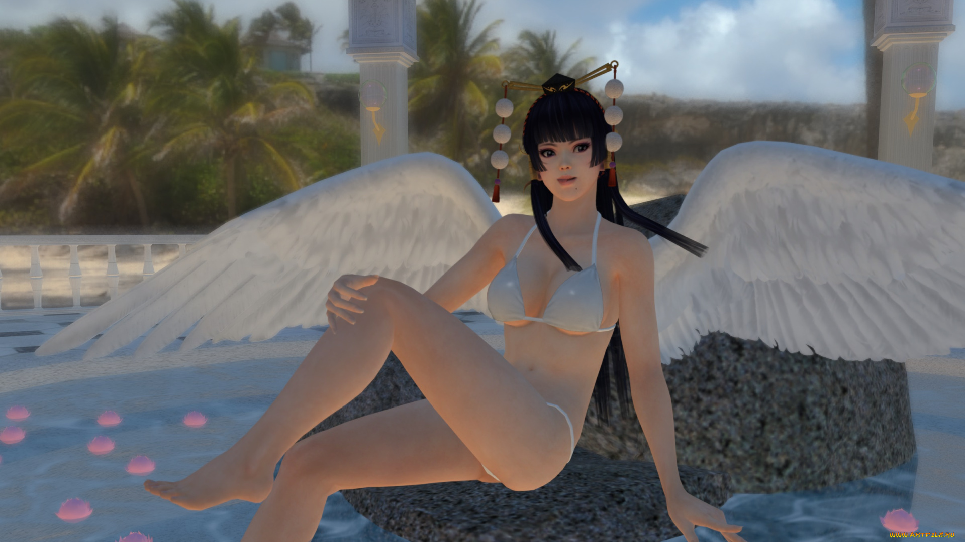 3д, графика, аниме, , anime, девушка, взгляд, фон, река, камень