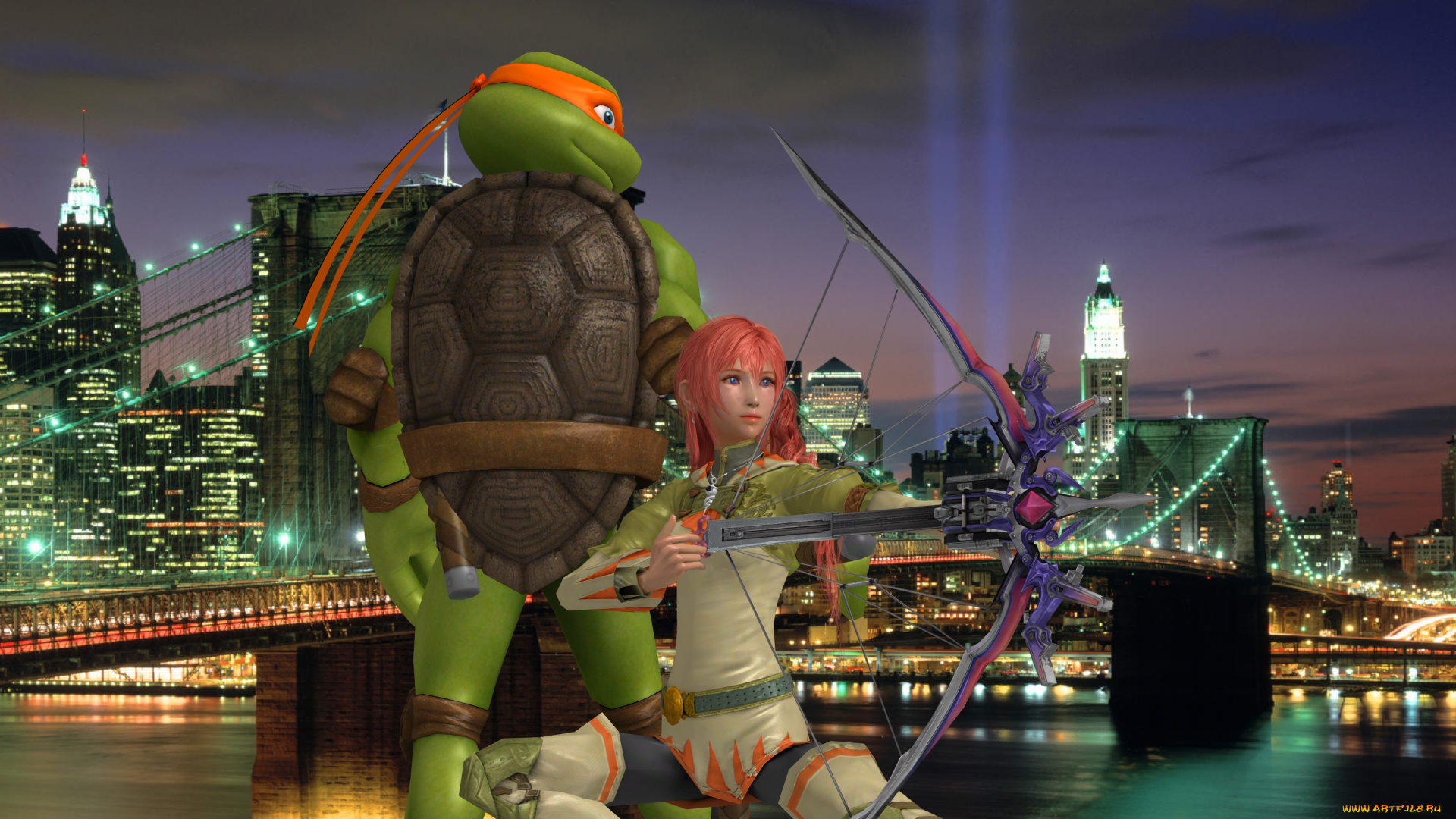 3д, графика, фантазия, , fantasy, девушка, взгляд, фон, оружие, черепаха