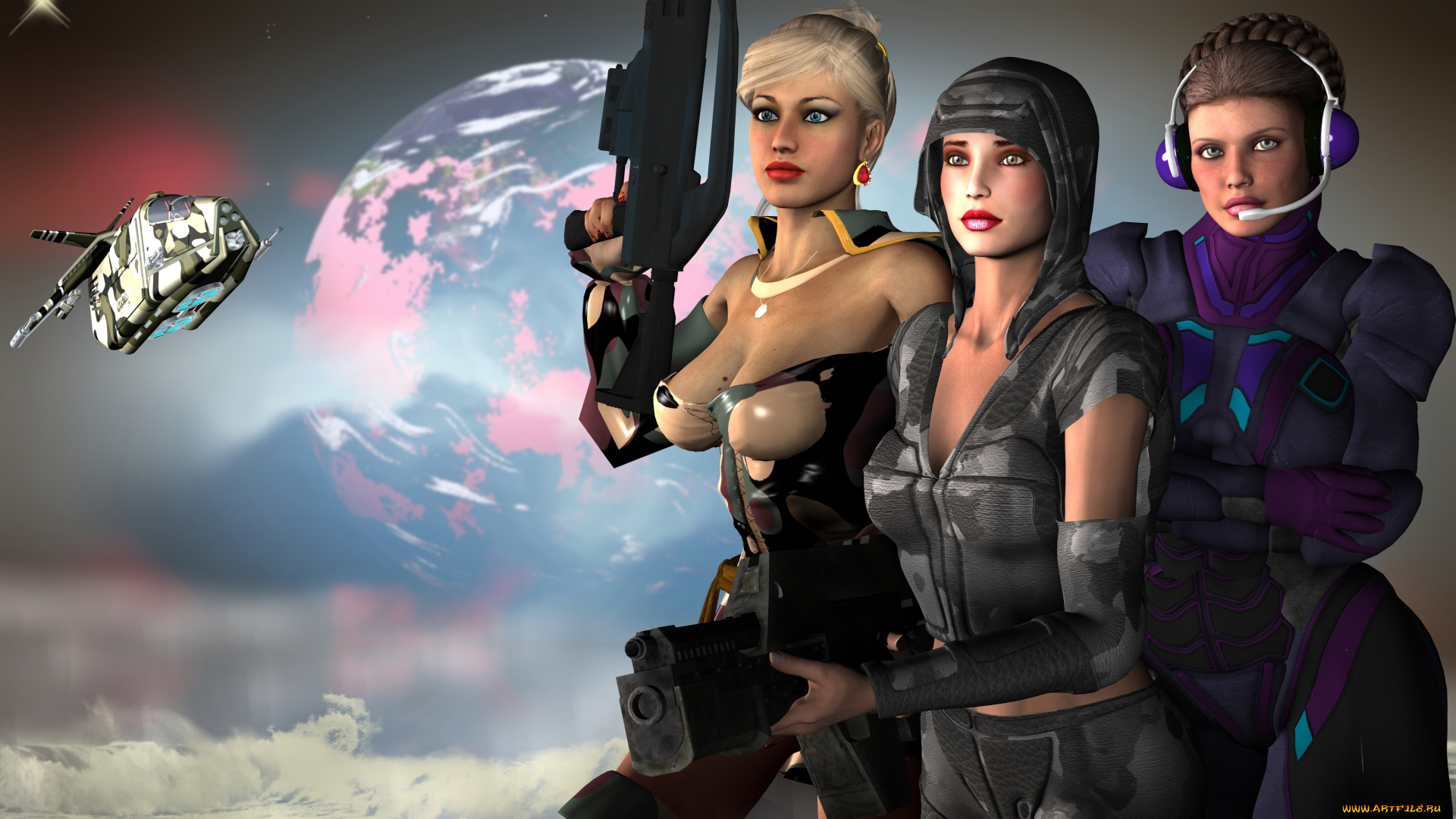 3д, графика, фантазия, , fantasy, оружие, девушки, взгляд, фон