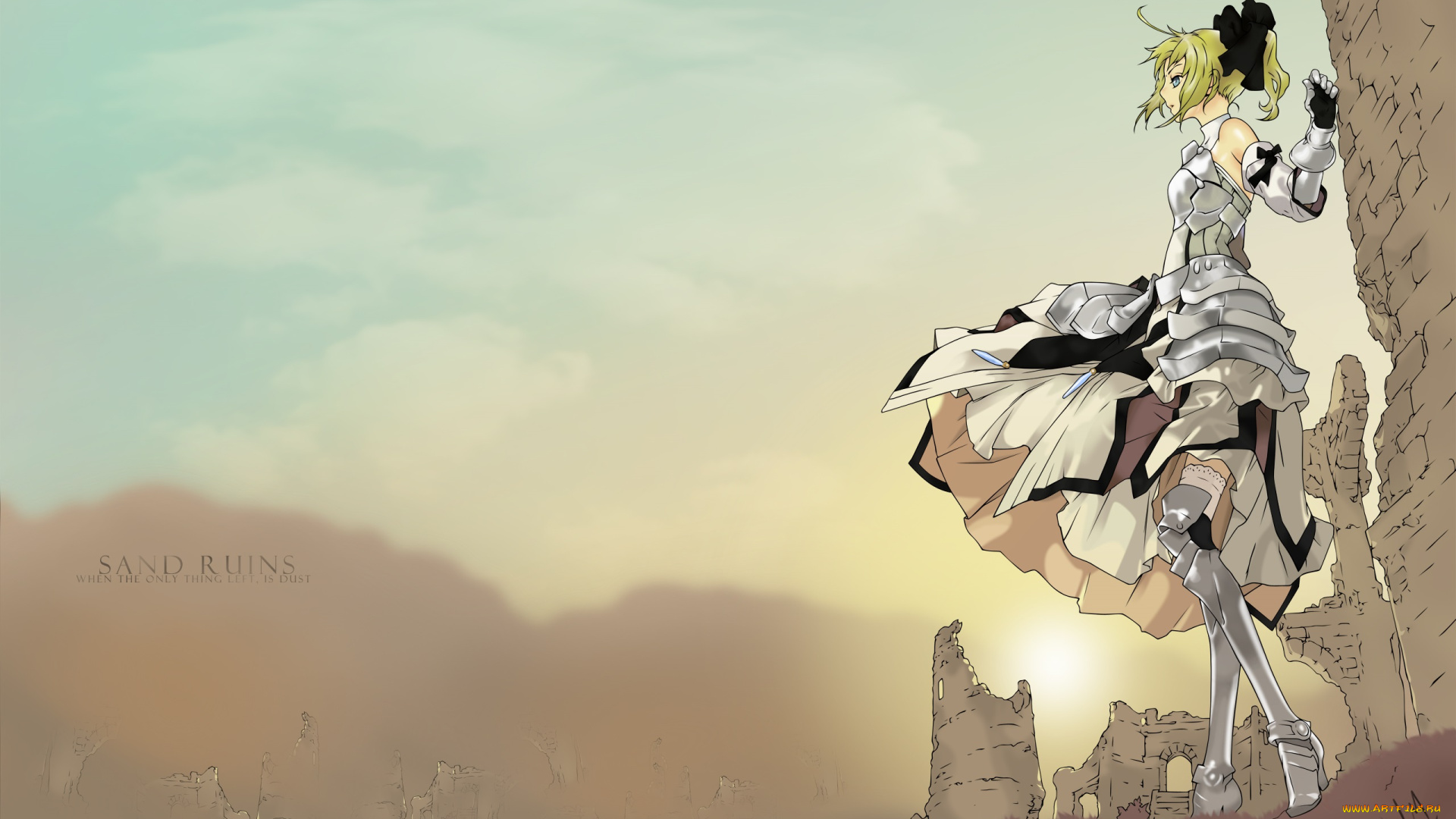 аниме, fate, stay, night, saber, арт, девушка, доспехи, руины