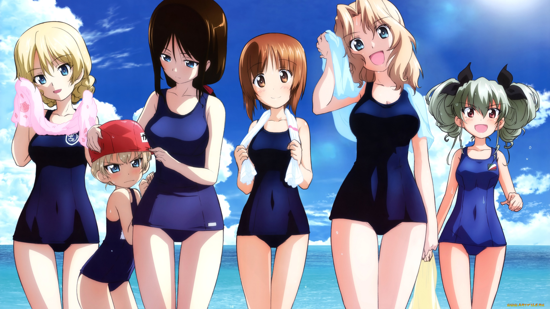 аниме, girls, und, panzer, girls, und, panzer, anchovy, darjeeling, лето, пляж, небо, katyusha, kay, nishizumi, miho, nonna, tagme, artist, арт, девушки