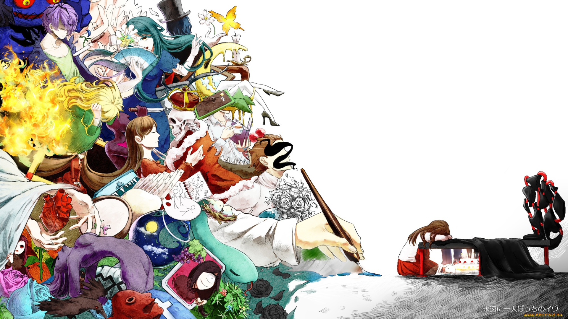 аниме, ib, духи, огонь, нож, aajii, mary, gary, скелет, девушки, парень, арт