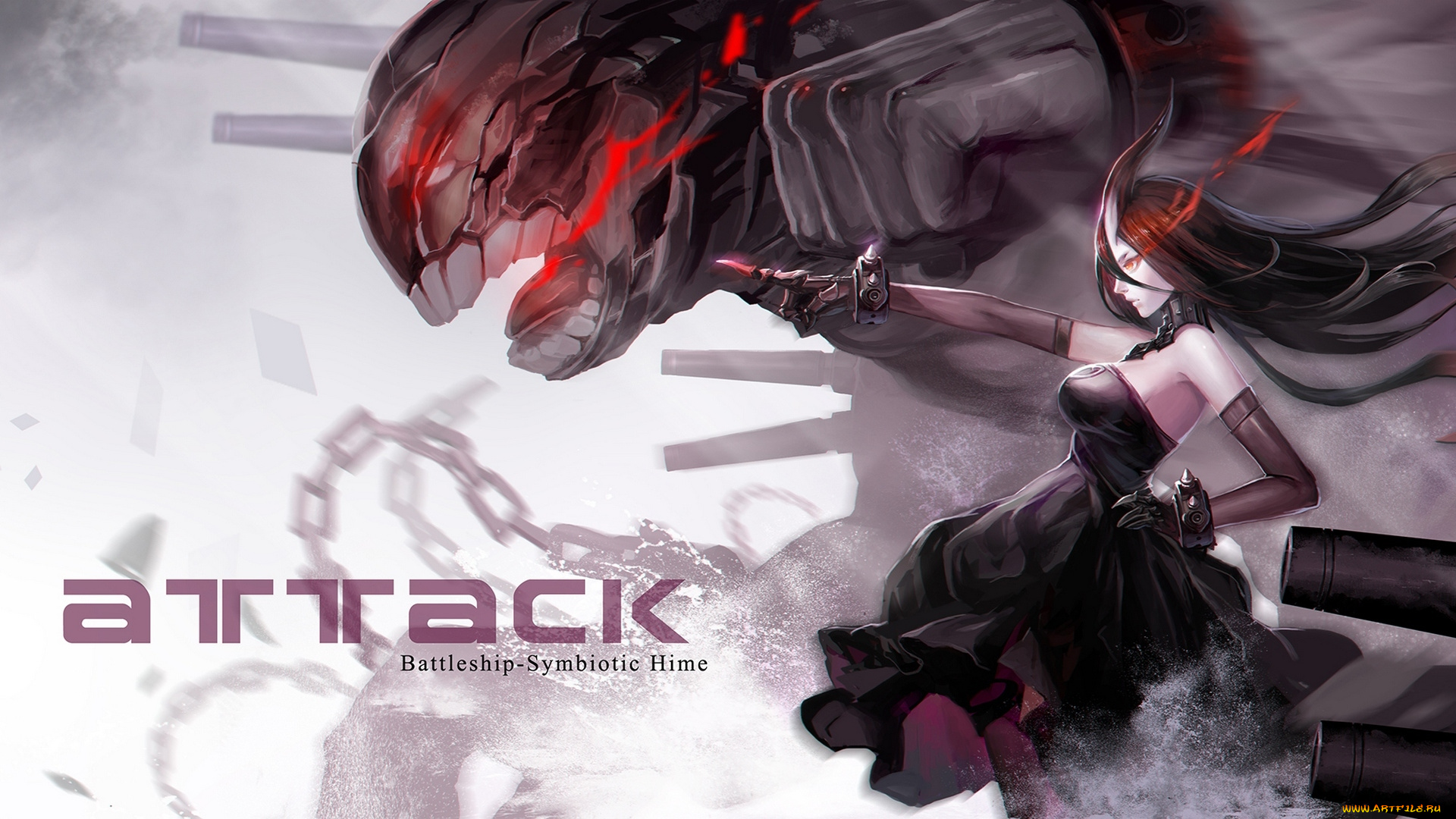 аниме, kantai, collection, арт, pcw, kantai, collection, battleship-symbiotic, hime, девушка, монстр, магия, рога