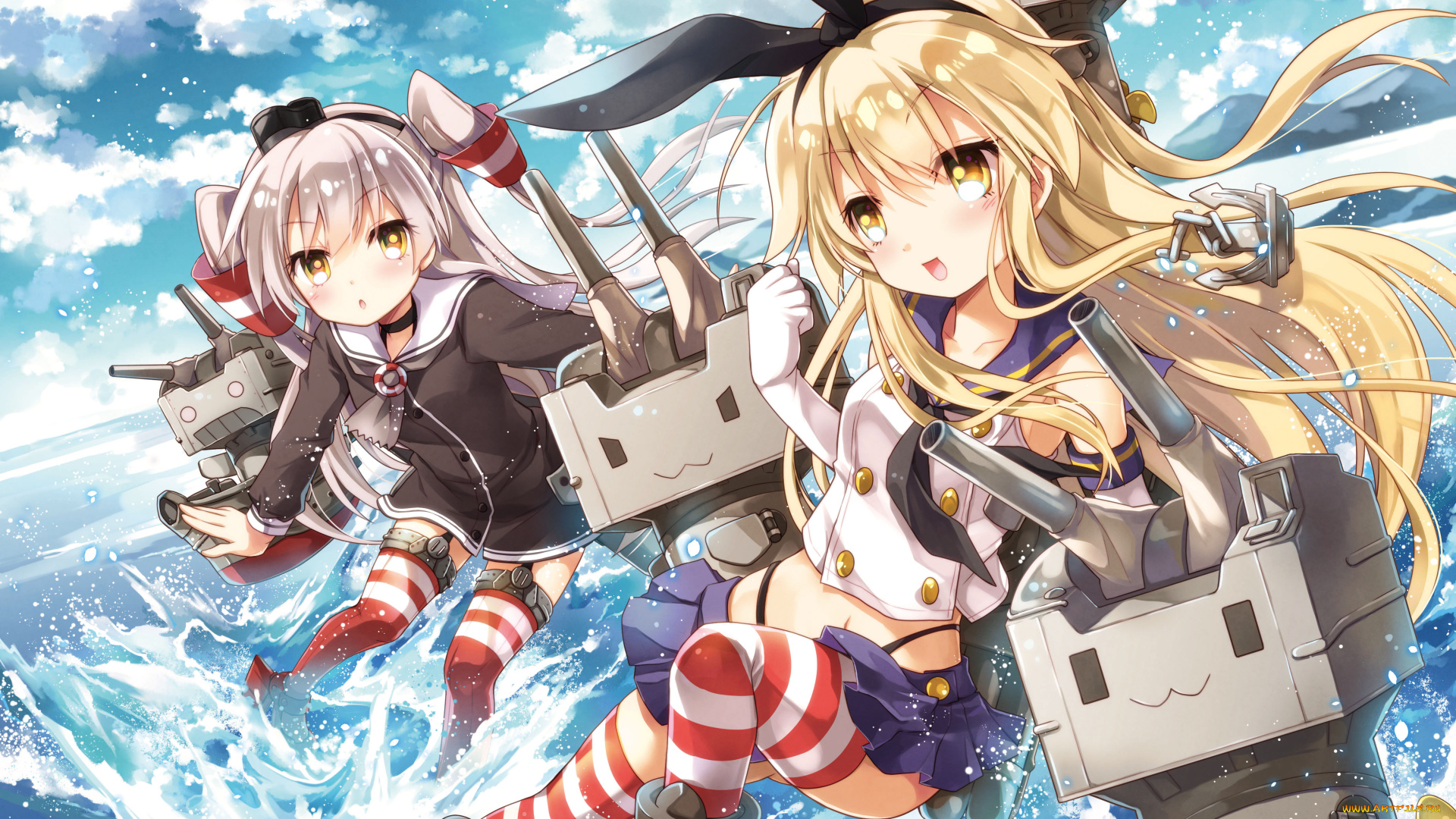 аниме, kantai, collection, kantai, collection, amatsukaze, shimakaze, море, брызги, роботы, kancolle, ayuya, naka, no, hito, арт, девочки, небо