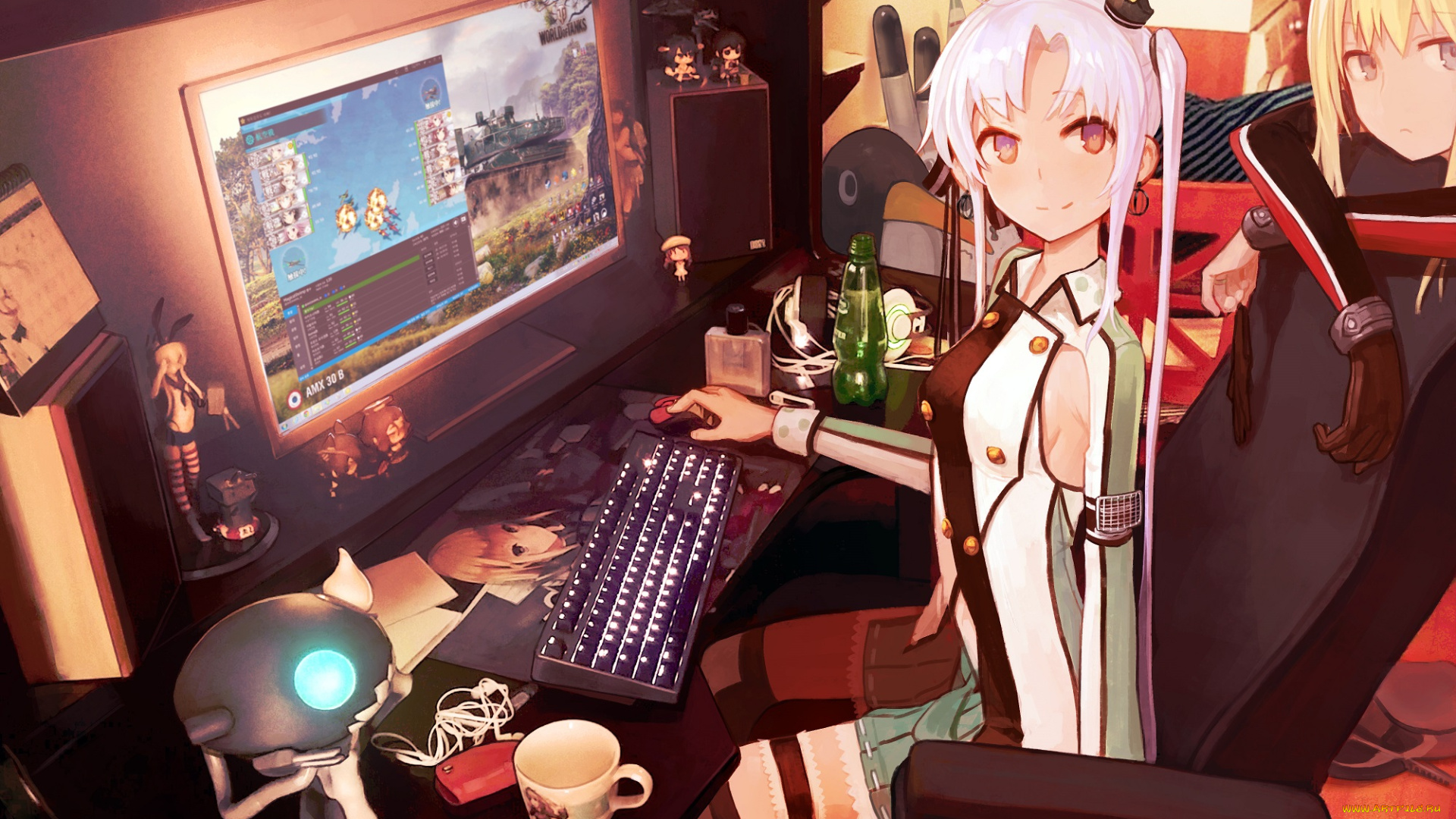 аниме, kantai, collection, комната, игрушки, стол, клавиатура, бутылка, мышка, чашка, монитор, девушки, арт, tagme, artist