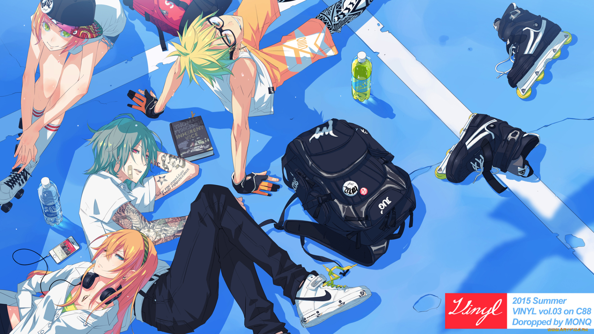 аниме, музыка, девушки, парни, арт, monq, бутылка, телефон, наушники, тату, татуировки, ролики