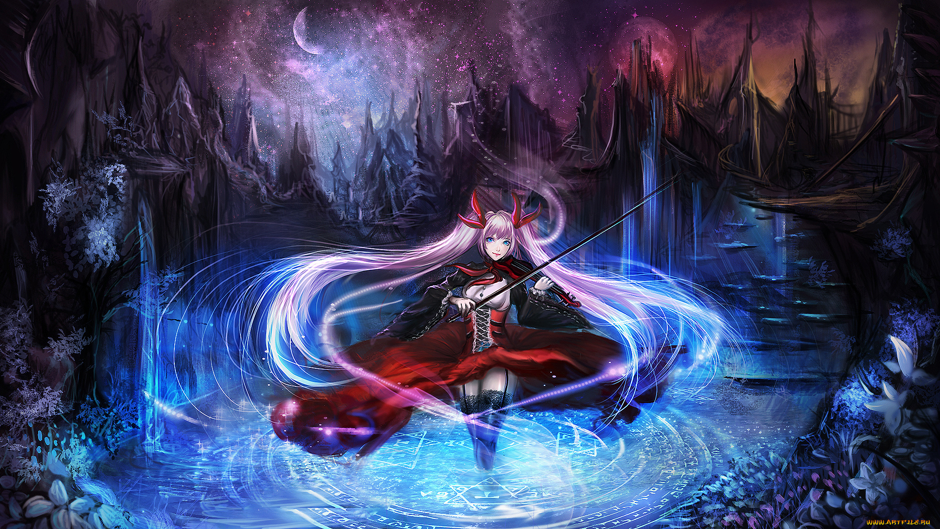 аниме, музыка, ночь, девушка, арт, sangrde, смычок, скрипка