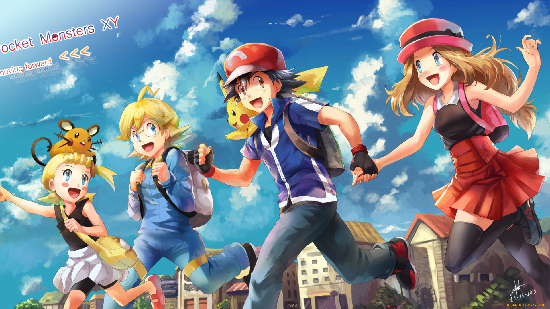 аниме, pokemon, r-sraven, покемоны, бегут, девочки, мальчики, арт, serena, satoshi, pikachu, eureka, dedenne, эш, citron