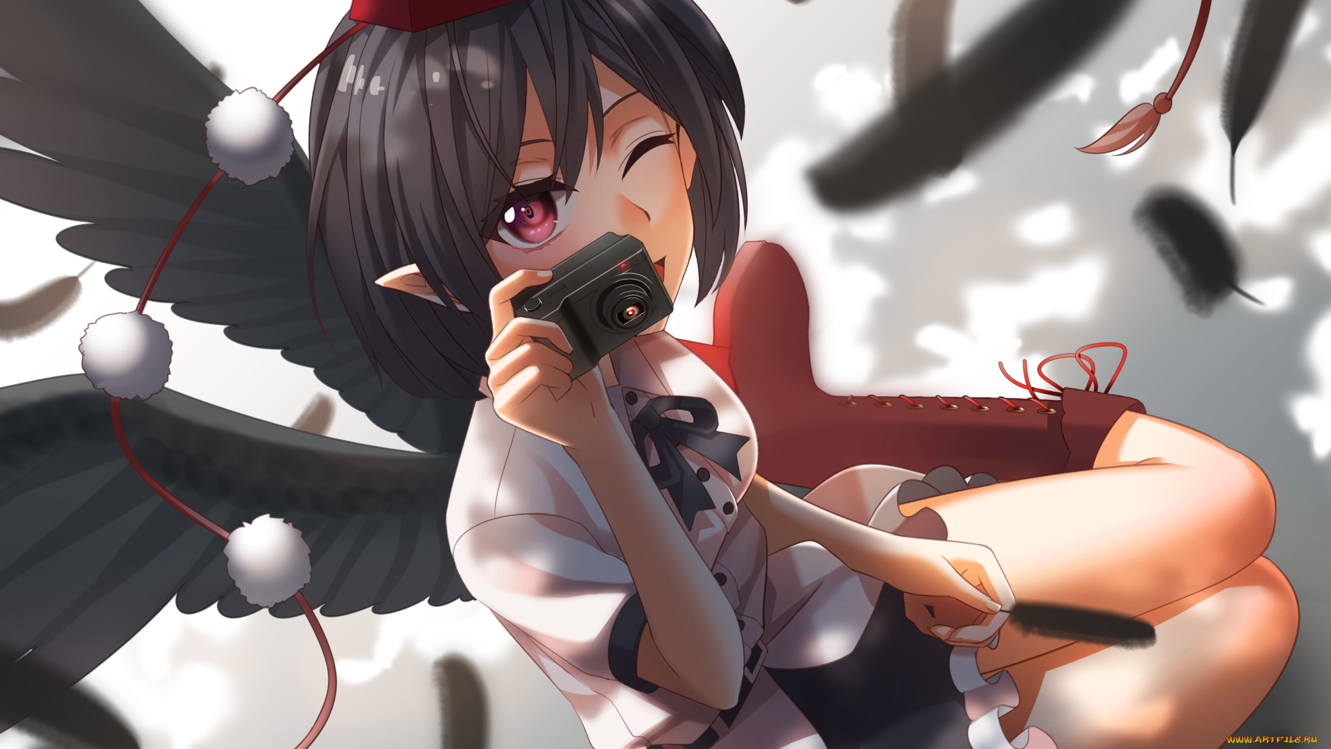 аниме, touhou, kitazawa, shameimaru, aya, фотоаппарат, ангел, перья, крылья, девочка, арт, embers