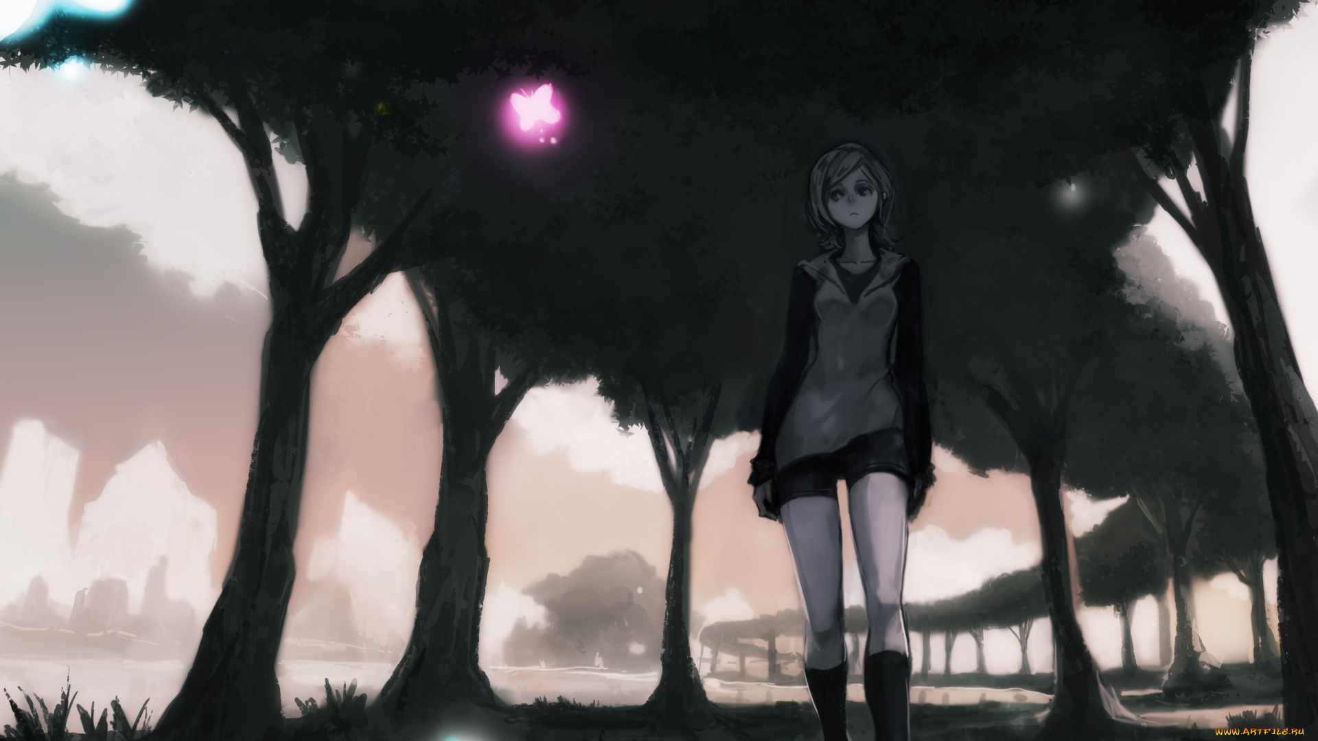 аниме, unknown, , другое, бабочка, светлячки, прогулка, деревья, девушка, арт, okuto