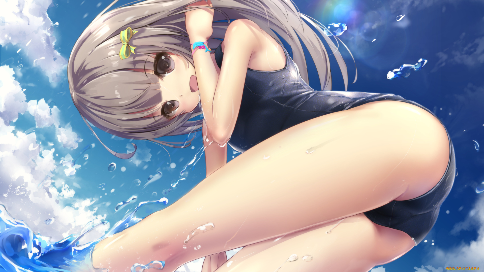 аниме, unknown, , другое, облака, вода, брызги, море, лето, девушка, арт, apple228, небо, купальник