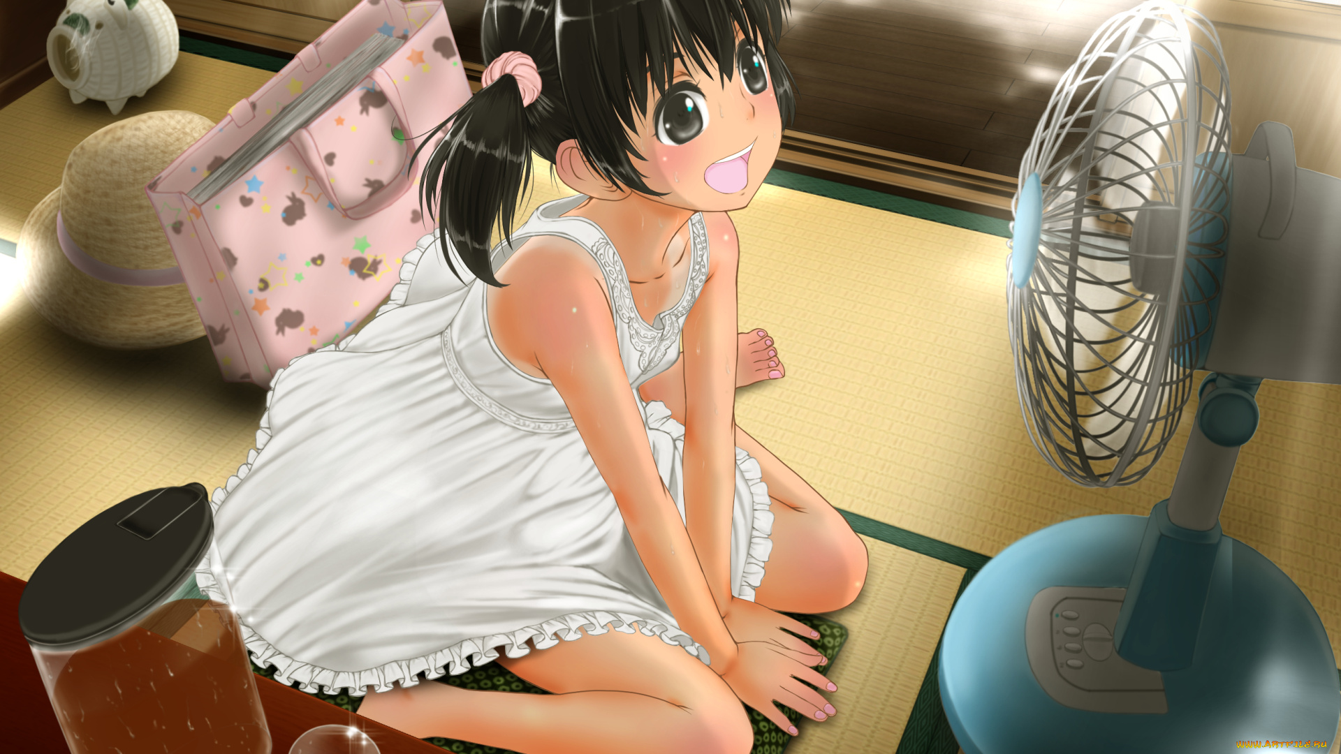 аниме, unknown, , другое, стакан, вентилятор, девочка, сок, higashi, tarou, арт