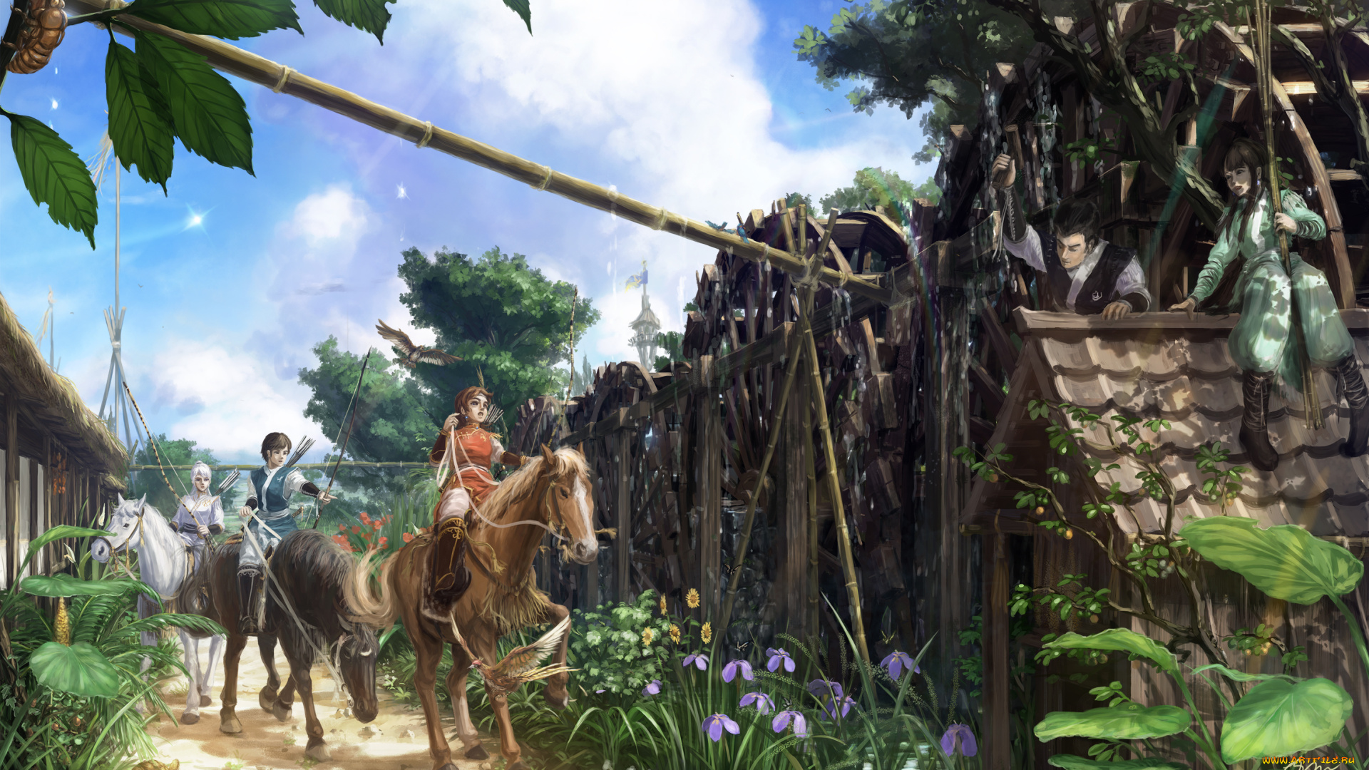 аниме, животные, , существа, цветы, всадники, улица, дорога, лошади, девушки, парень, арт, makkou4