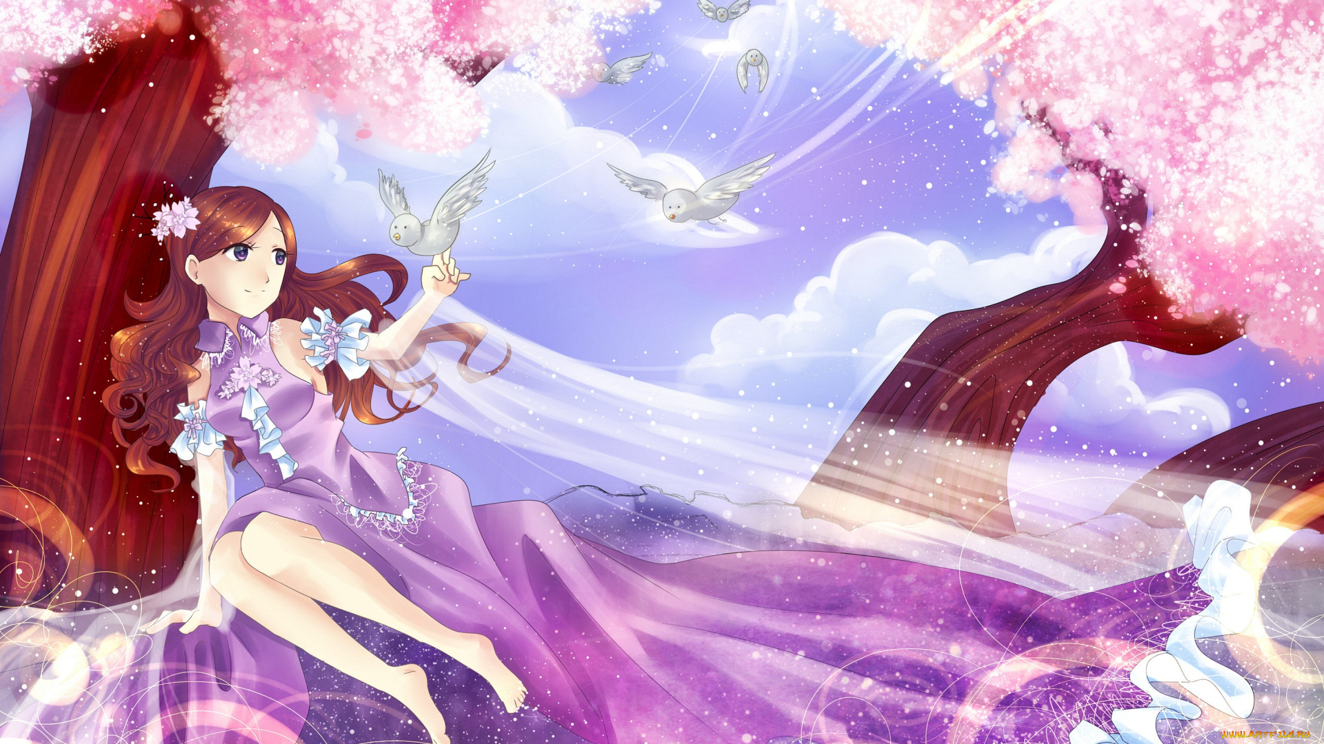аниме, животные, , существа, девочка, платье, голуби, дерево