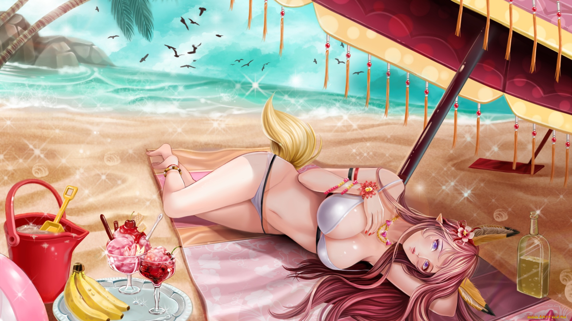 аниме, животные, , существа, лето, зонт, море, хвост, ушки, девушка, tagme, artist, levia, closers, десерт, еда, пляж, арт