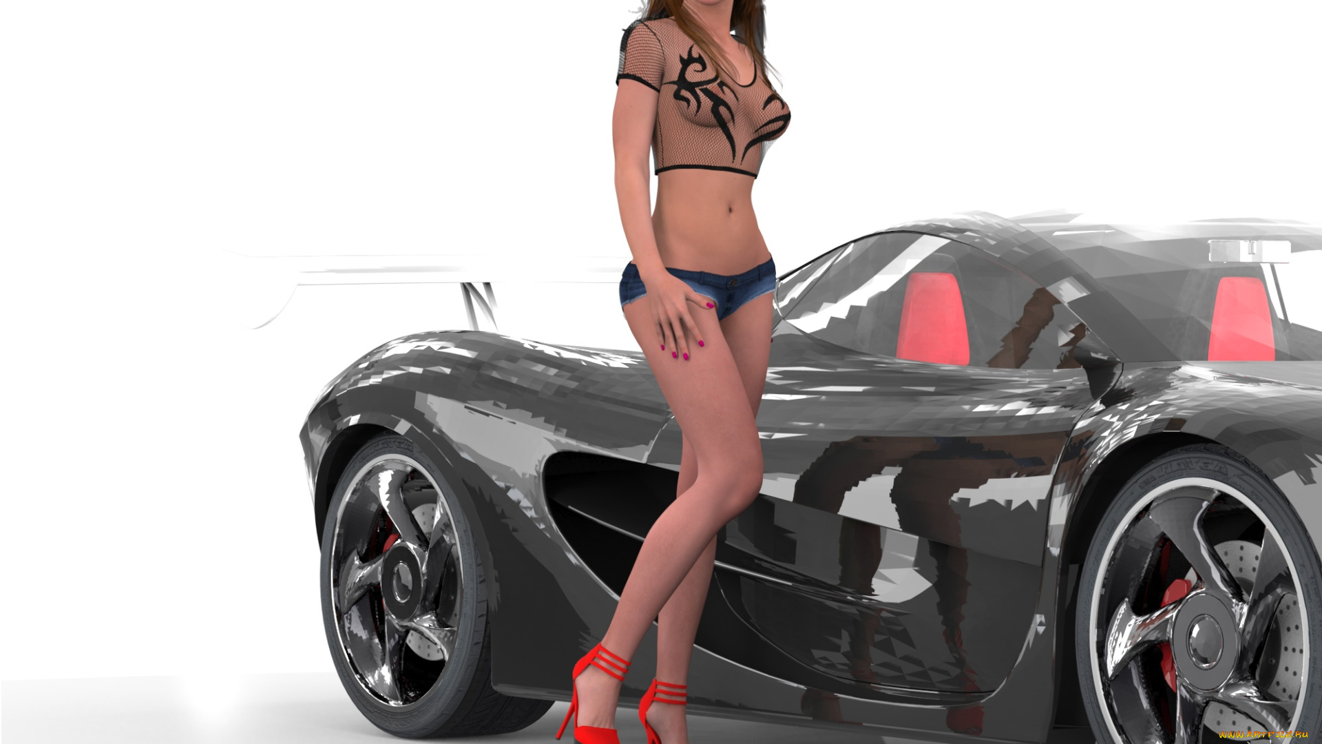 автомобили, 3d, car&girl, автомобиль, девушка, взгляд, фон