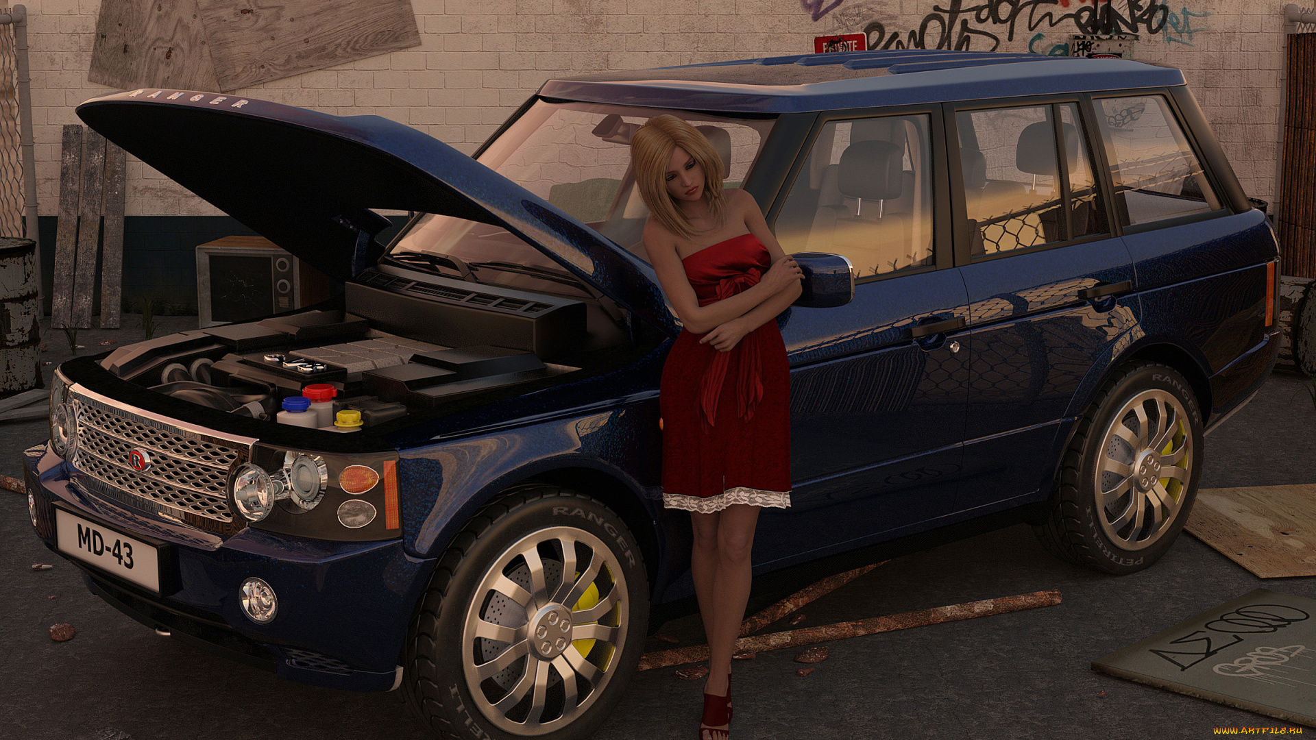 автомобили, 3d, car&girl, автомобиль, фон, взгляд, девушка