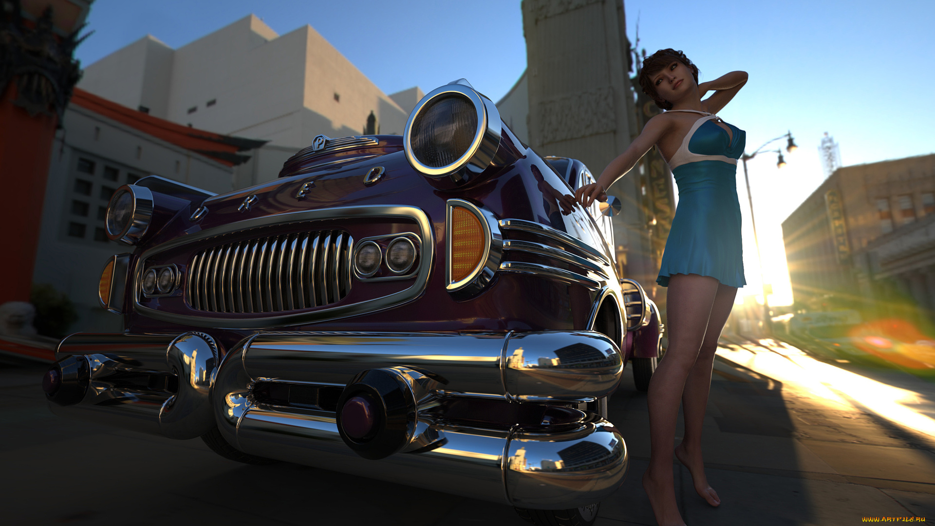 автомобили, 3d, car&girl, автомобиль, фон, взгляд, девушка