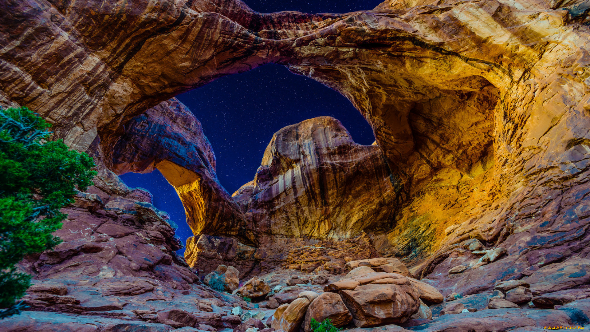 природа, горы, сша, ночь, звезды, свет, небо, арка, arches, national, park, юта