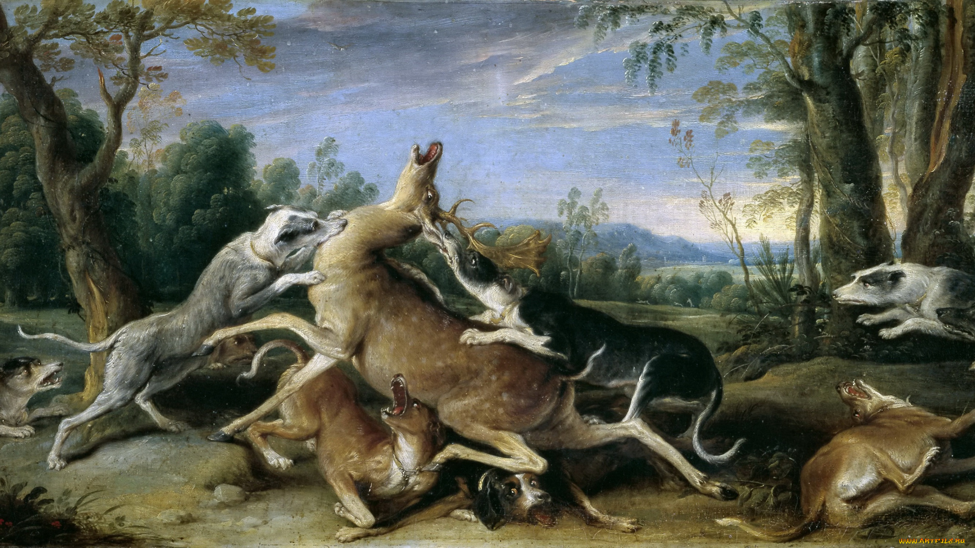 рисованное, живопись, собака, охота, олень, золотой, век