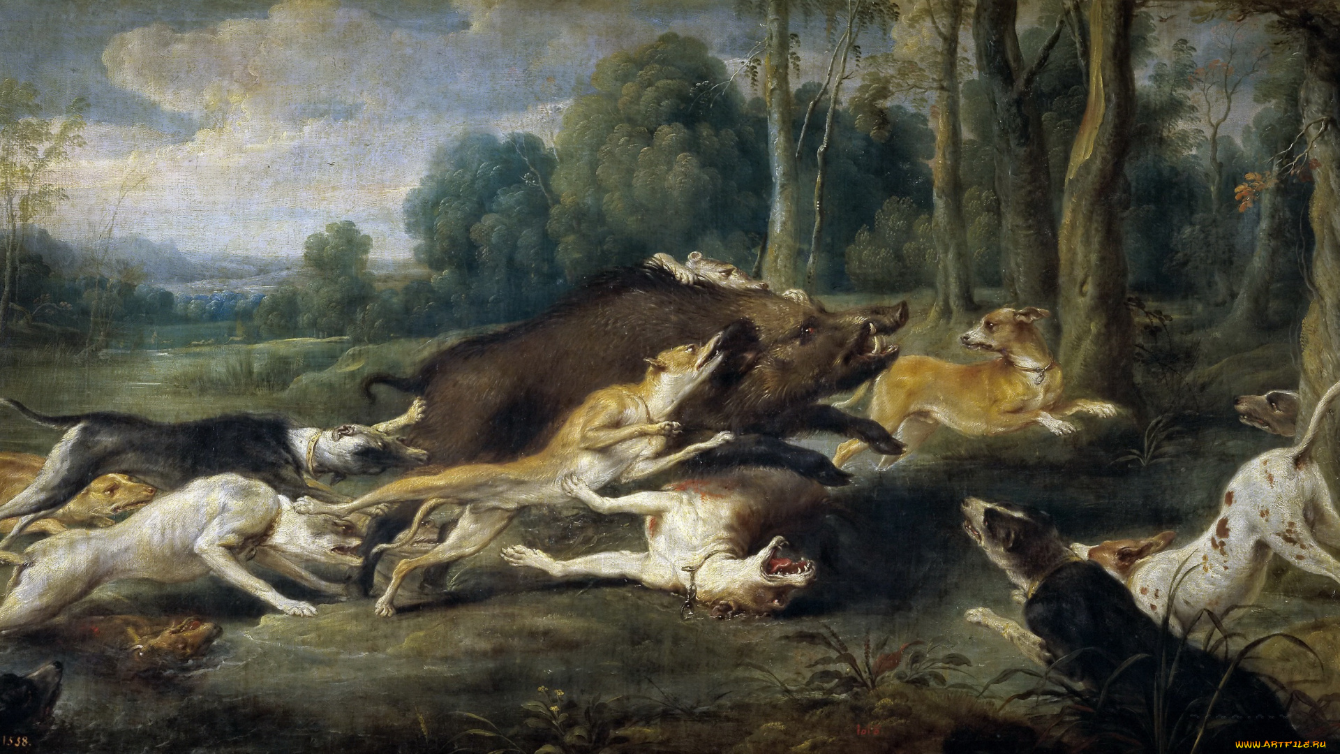 рисованное, живопись, золотой, век, собаки, кабан, охота