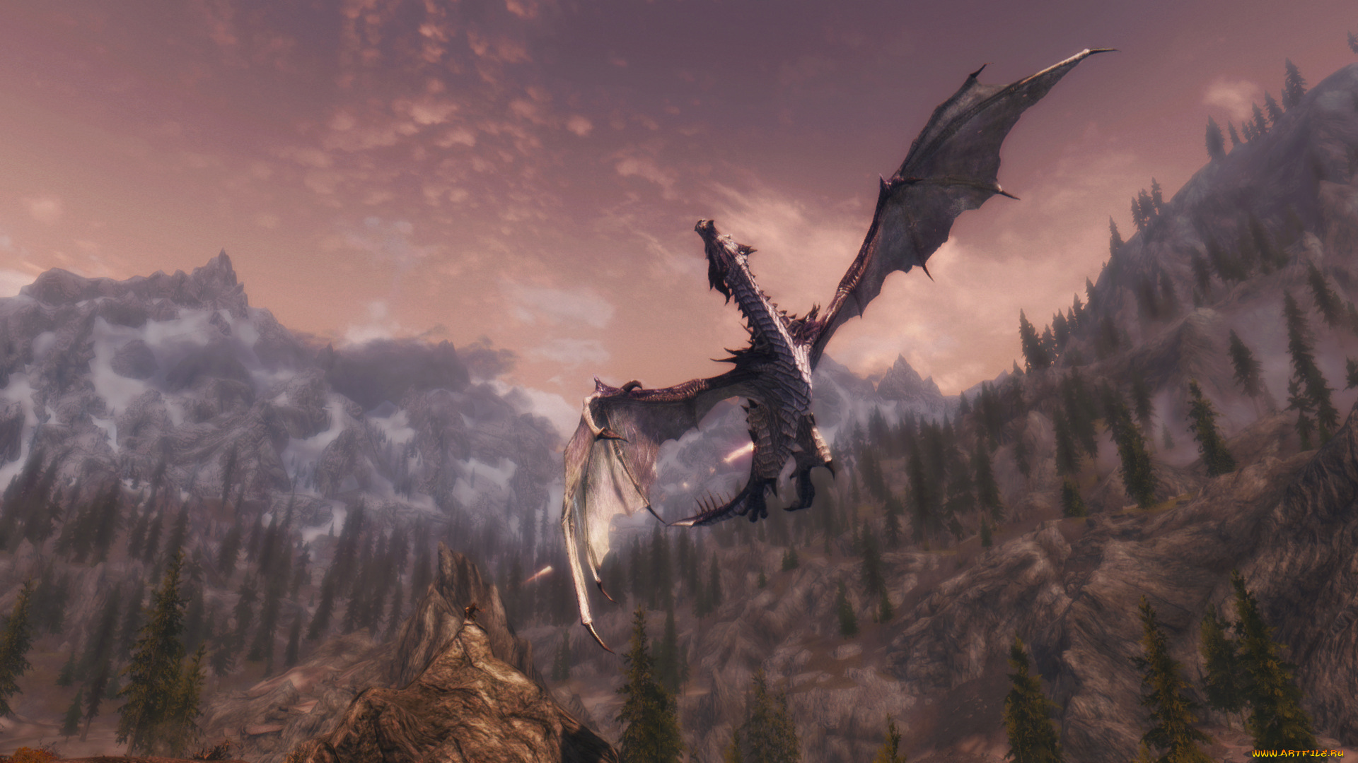 видео, игры, the, elder, scrolls, v, , skyrim, дракон, фон, полет