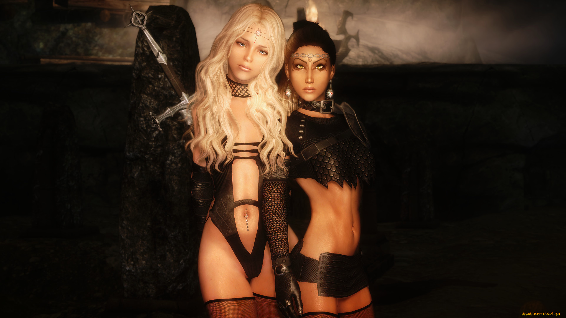 видео, игры, the, elder, scrolls, v, , skyrim, оружие, взгляд, девушки, фон