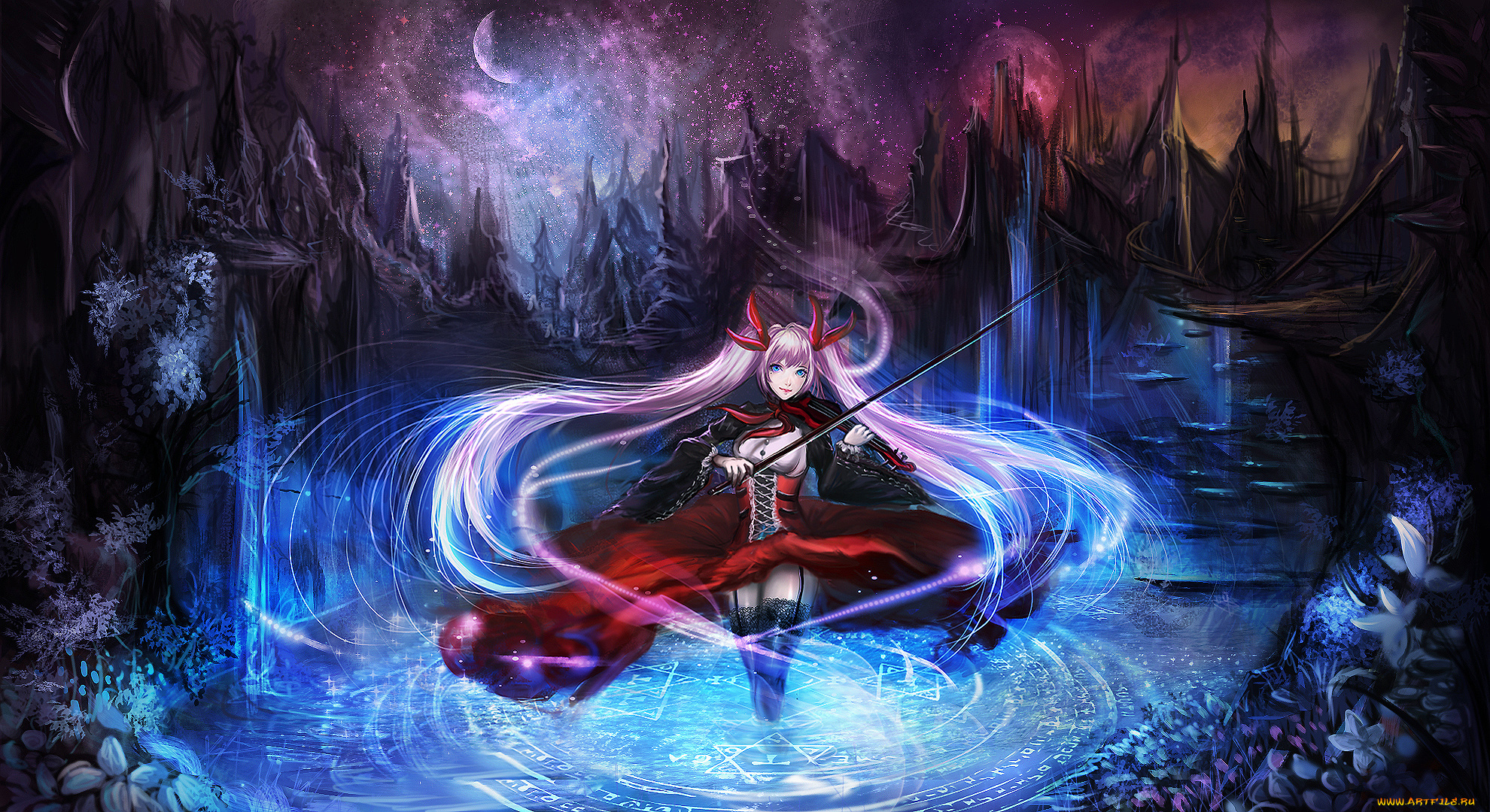 аниме, музыка, ночь, девушка, арт, sangrde, смычок, скрипка