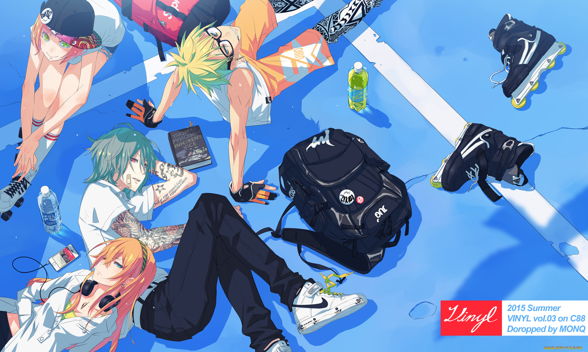 аниме, музыка, девушки, парни, арт, monq, бутылка, телефон, наушники, тату, татуировки, ролики