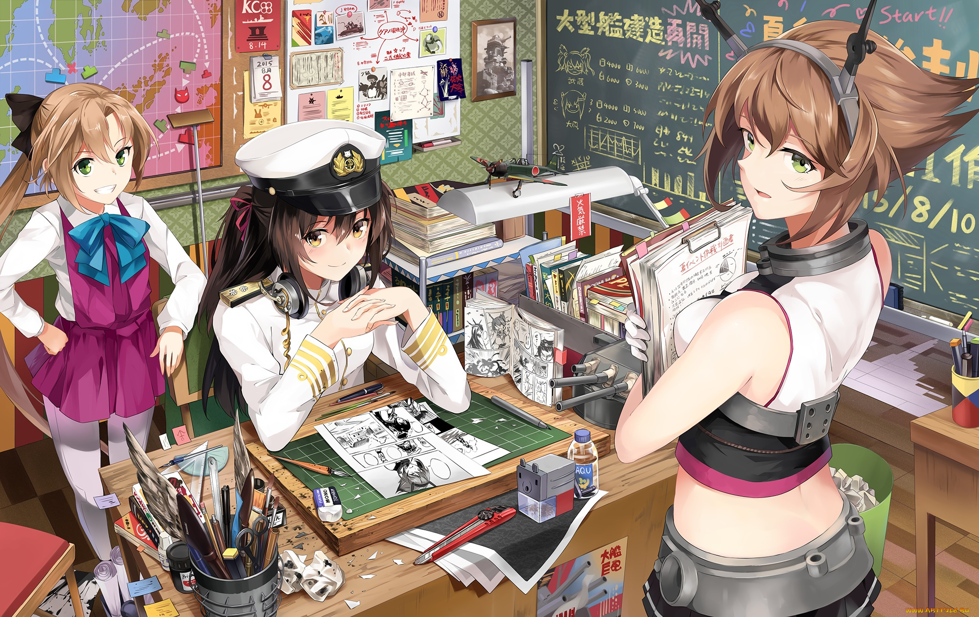 аниме, kantai, collection, стол, kancolle, admiral, neko, yanshoujie, арт, девушки, комната, mutsu, akigumo, бумаги, kantai, collection