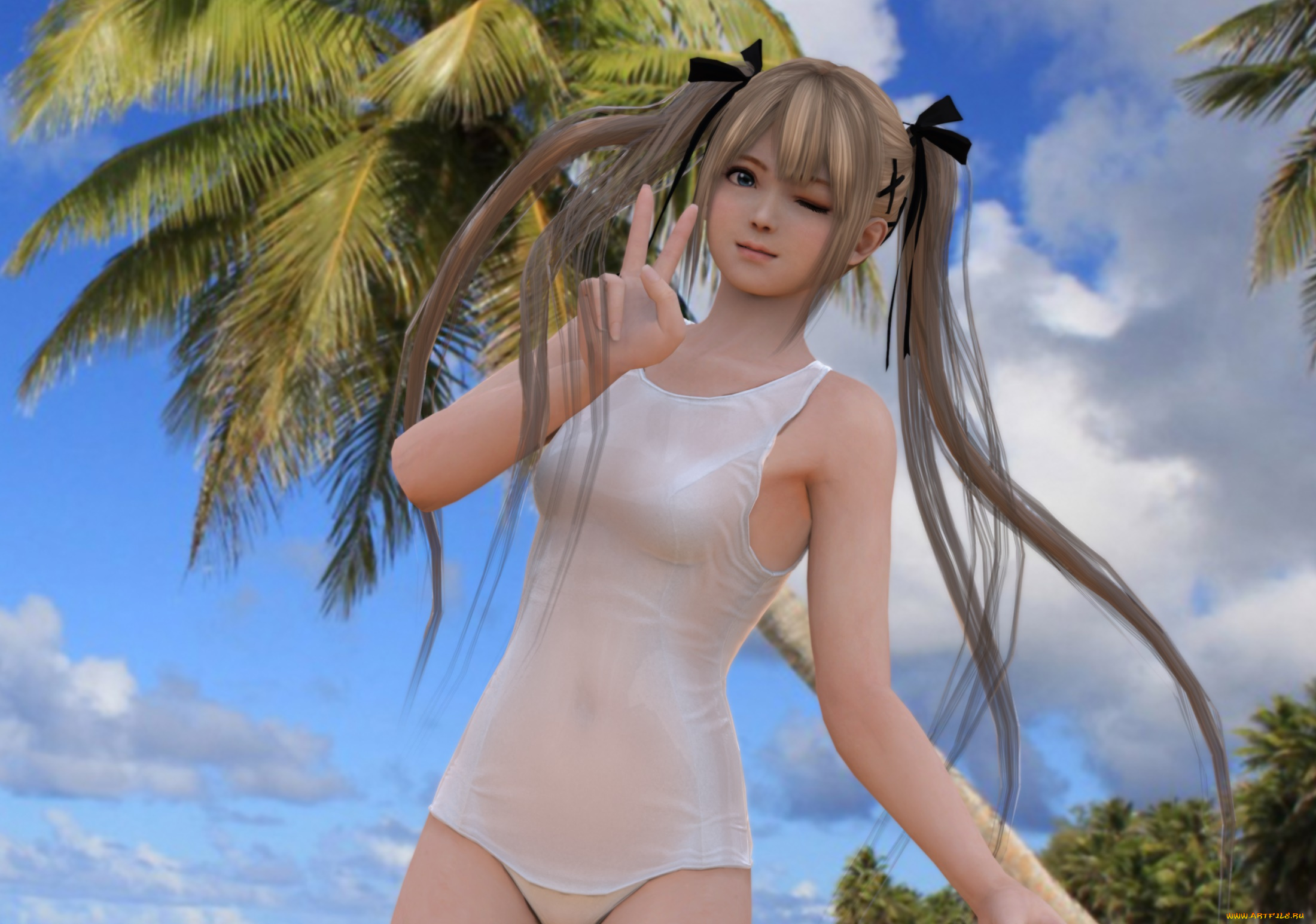 3д, графика, аниме, , anime, девушка, взгляд, фон, пальмы