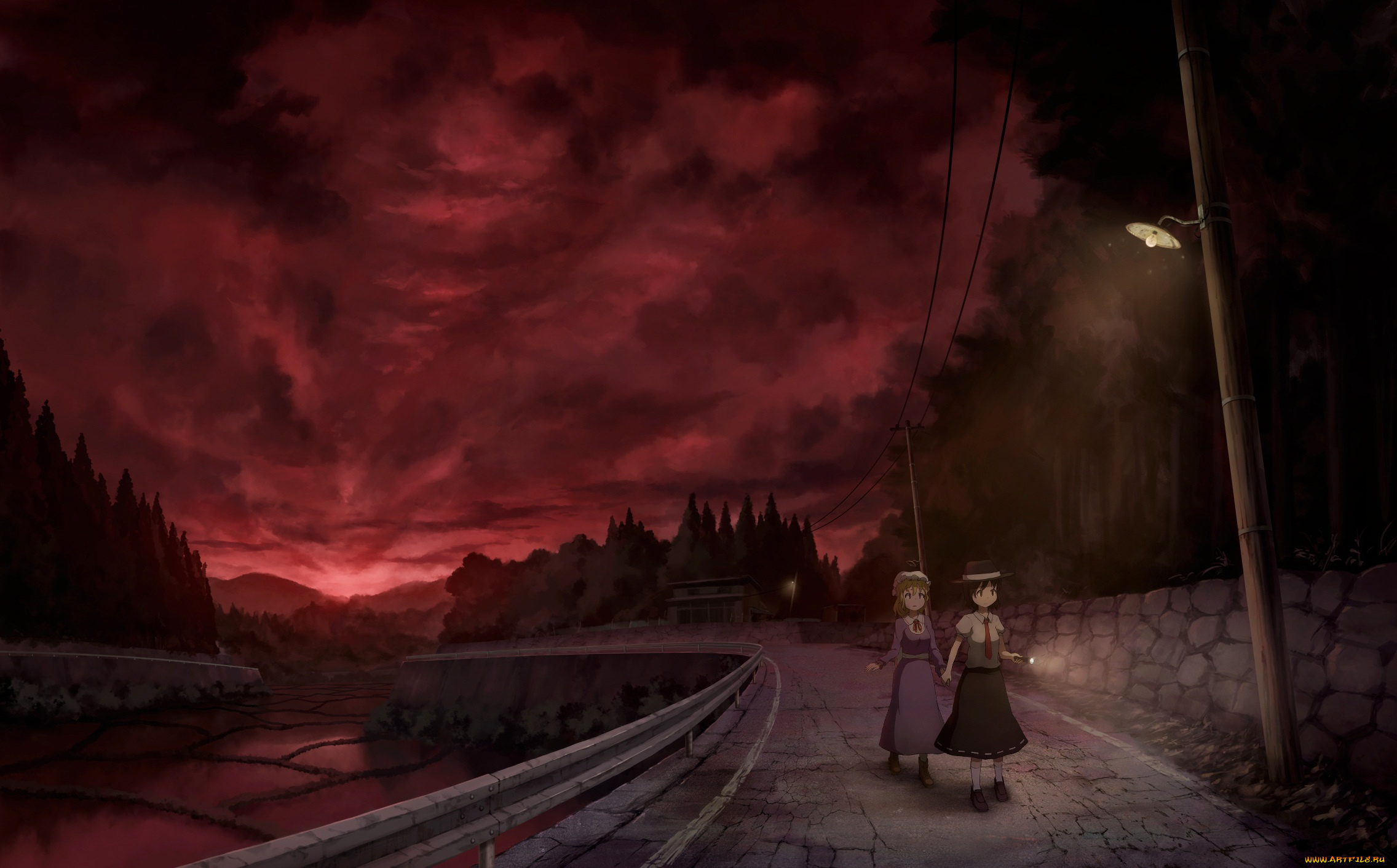 аниме, touhou, дорога, поля, фонарь, maribel, han, sasajqazwsx, usami, renko, девочки, зарево, закат, арт