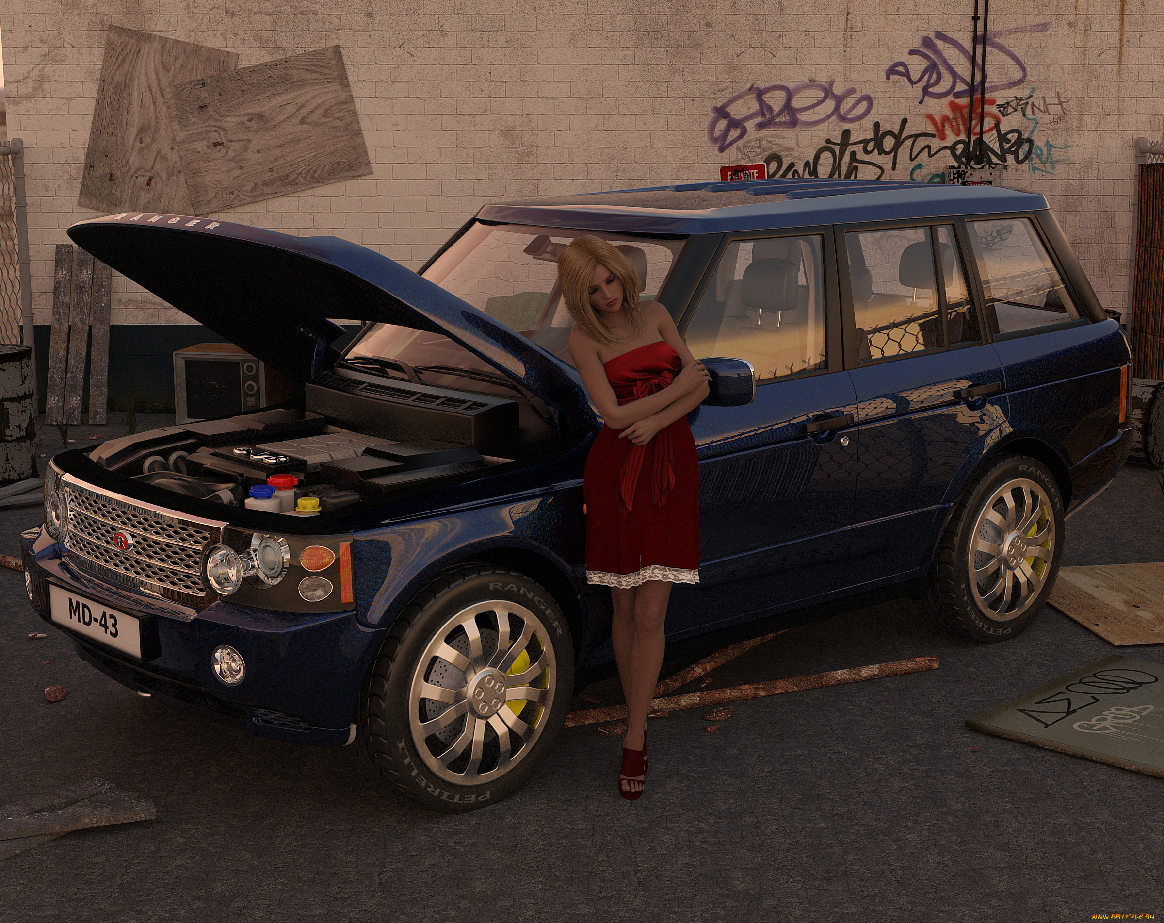 автомобили, 3d, car&girl, автомобиль, фон, взгляд, девушка