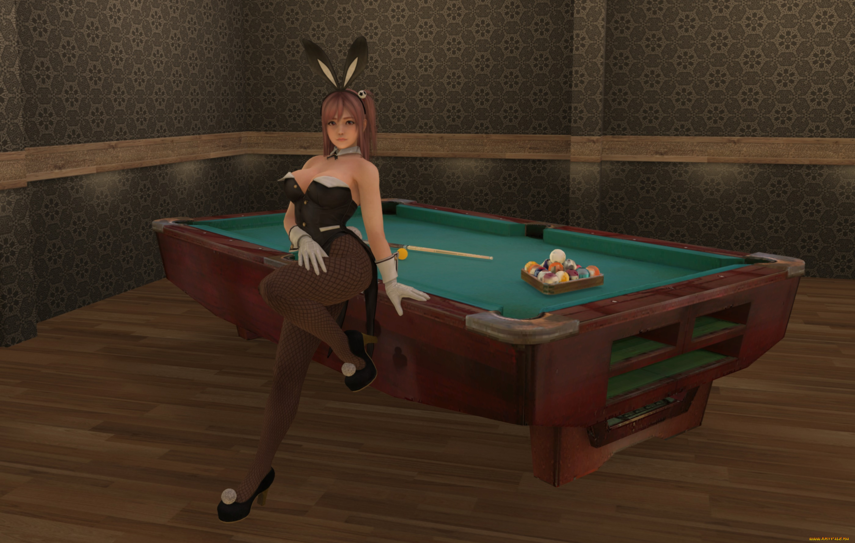 3д, графика, люди, , people, стол, фон, взгляд, шары, бильярд, девушка