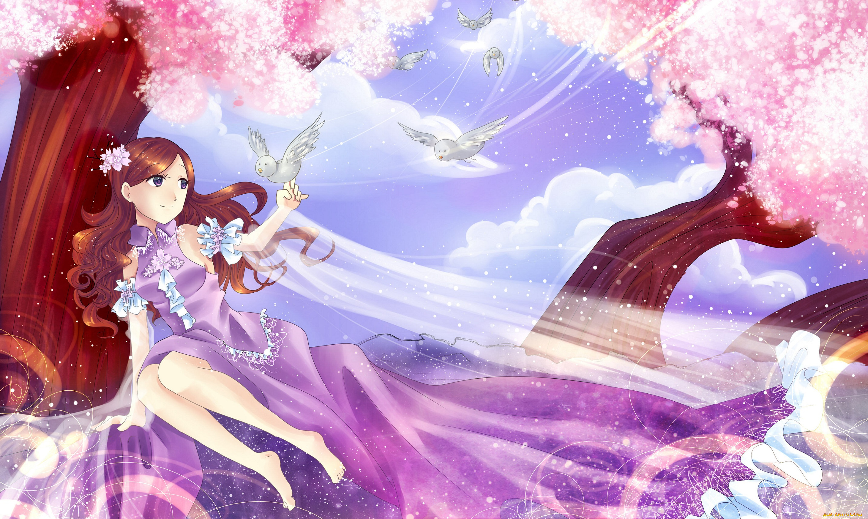аниме, животные, , существа, девочка, платье, голуби, дерево