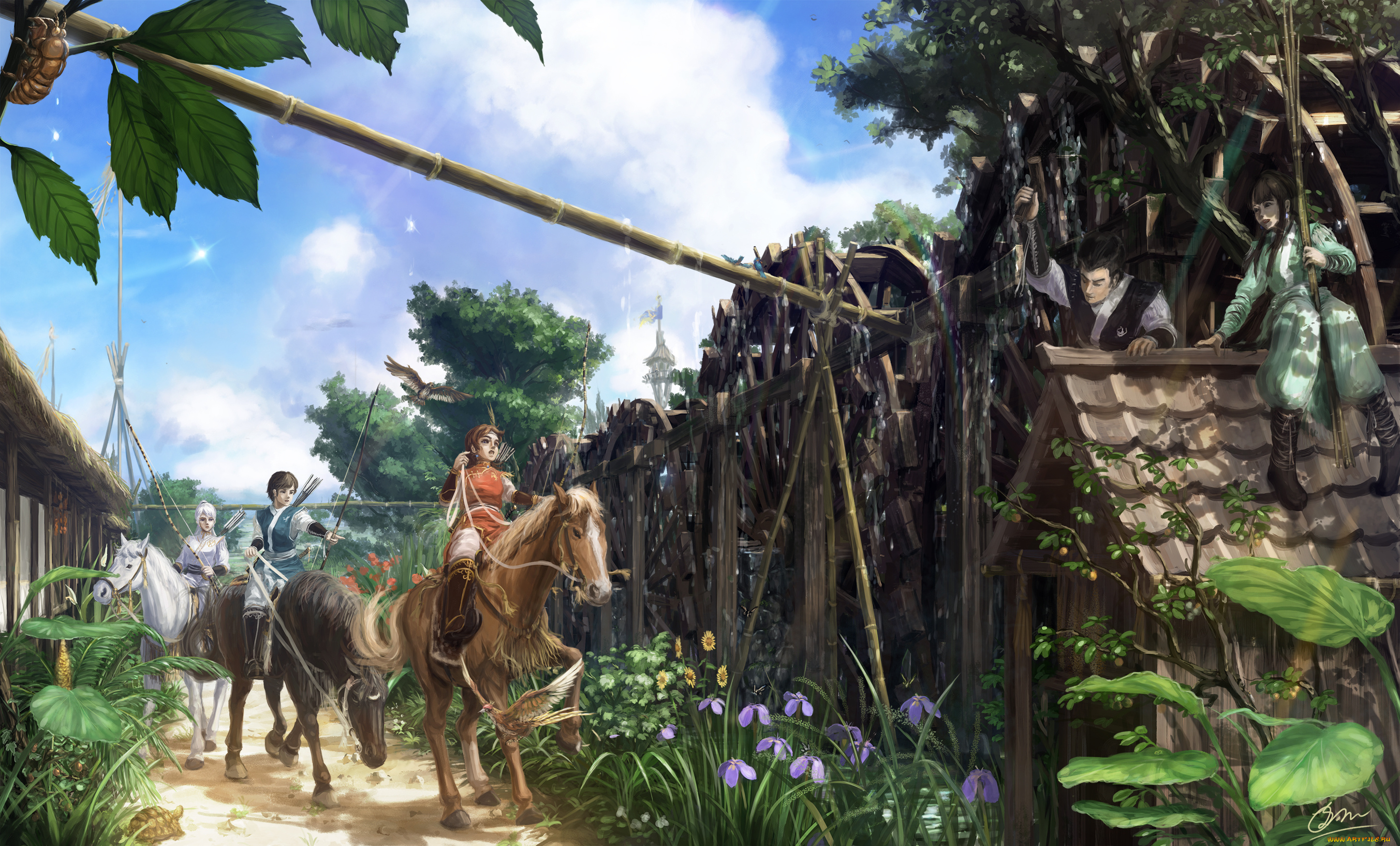 аниме, животные, , существа, цветы, всадники, улица, дорога, лошади, девушки, парень, арт, makkou4