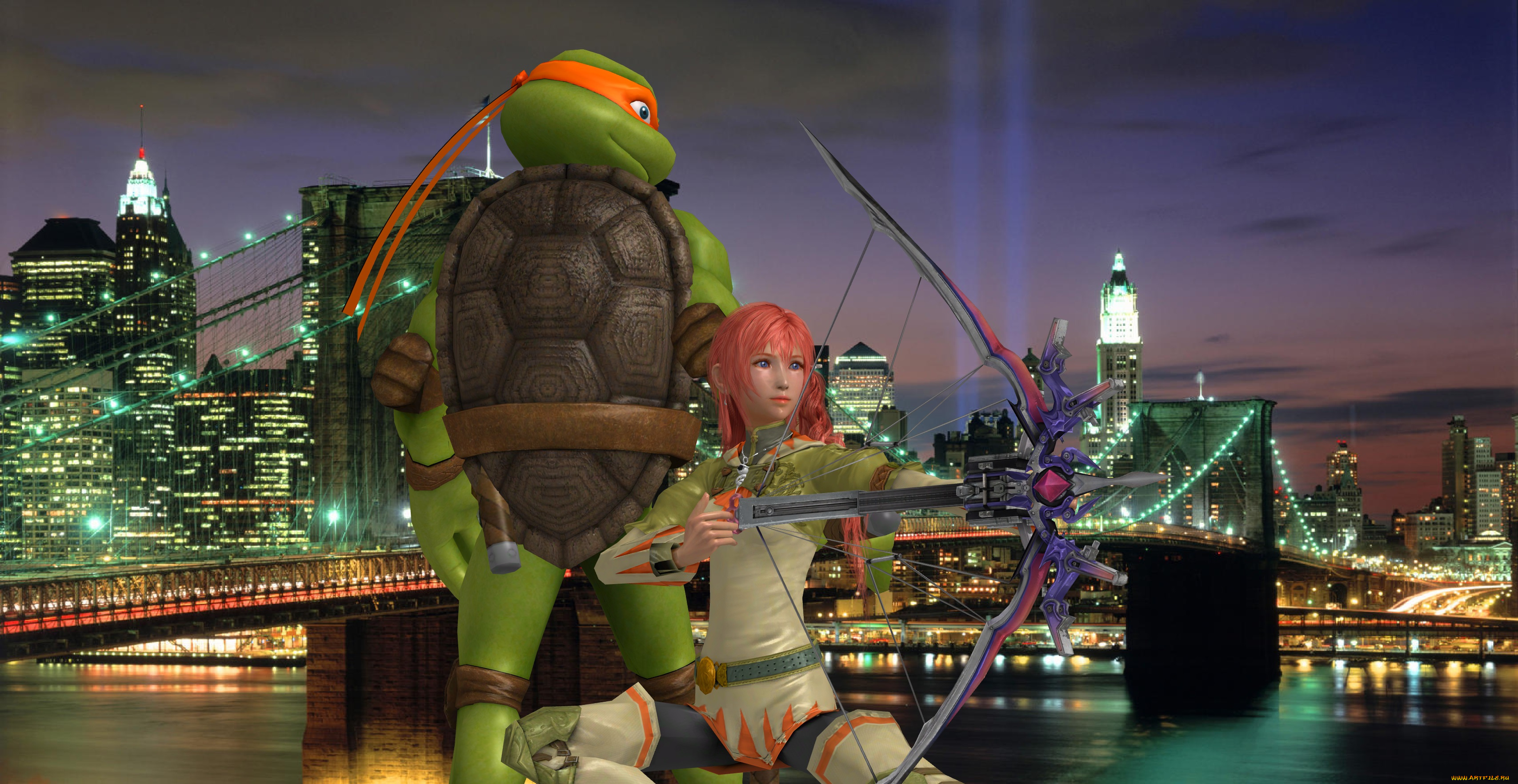 3д, графика, фантазия, , fantasy, девушка, взгляд, фон, оружие, черепаха