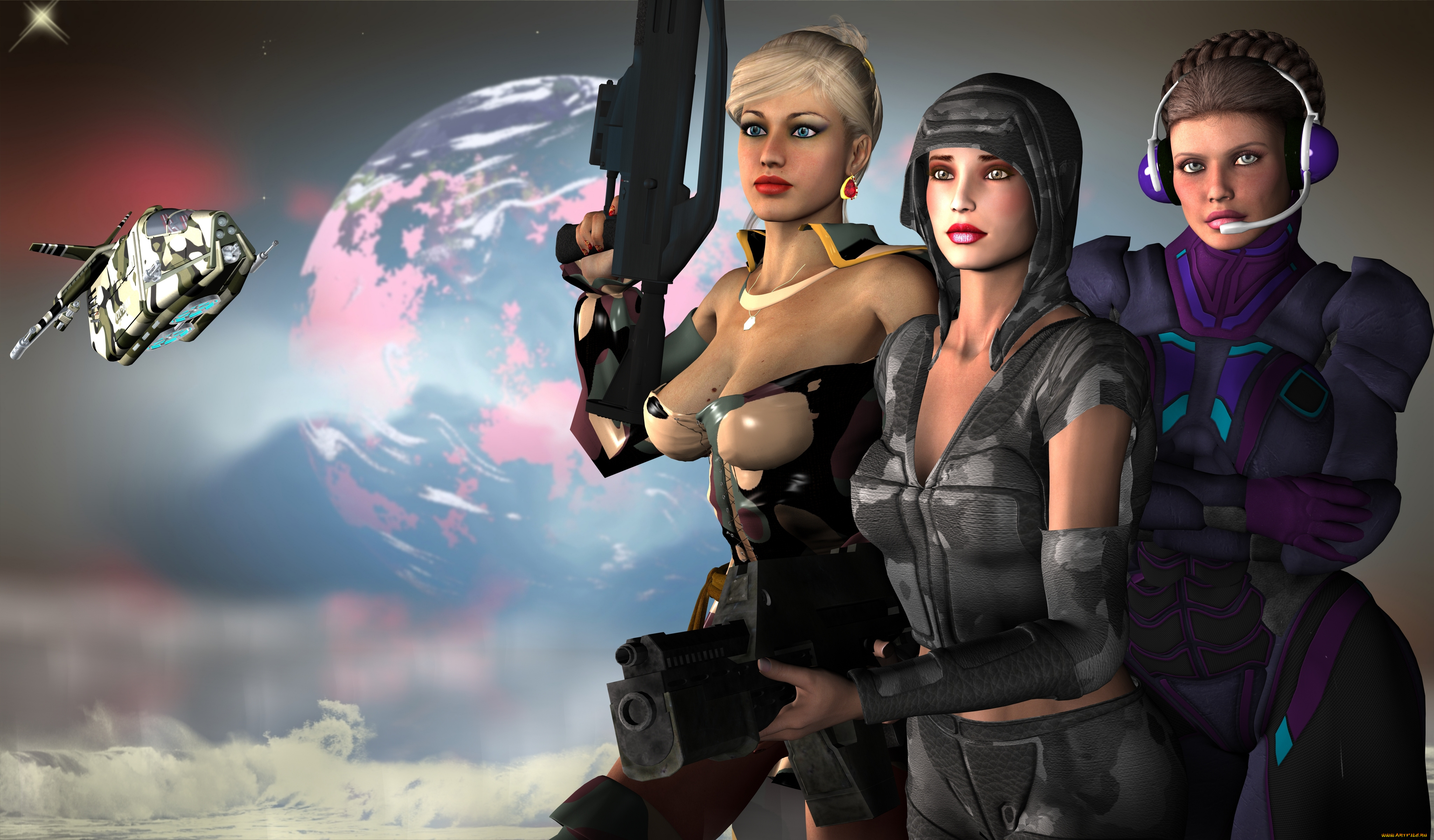 3д, графика, фантазия, , fantasy, оружие, девушки, взгляд, фон
