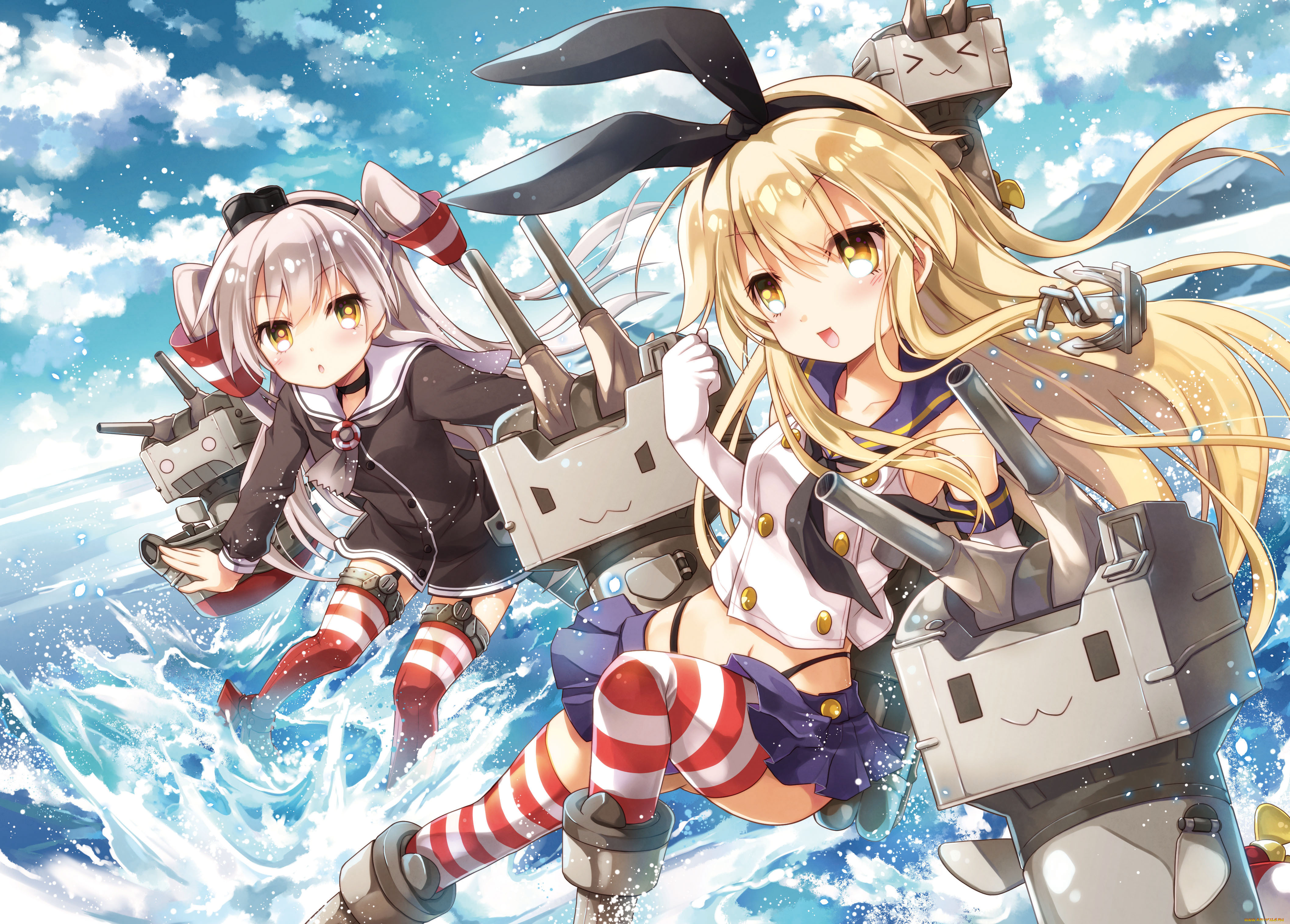 аниме, kantai, collection, kantai, collection, amatsukaze, shimakaze, море, брызги, роботы, kancolle, ayuya, naka, no, hito, арт, девочки, небо