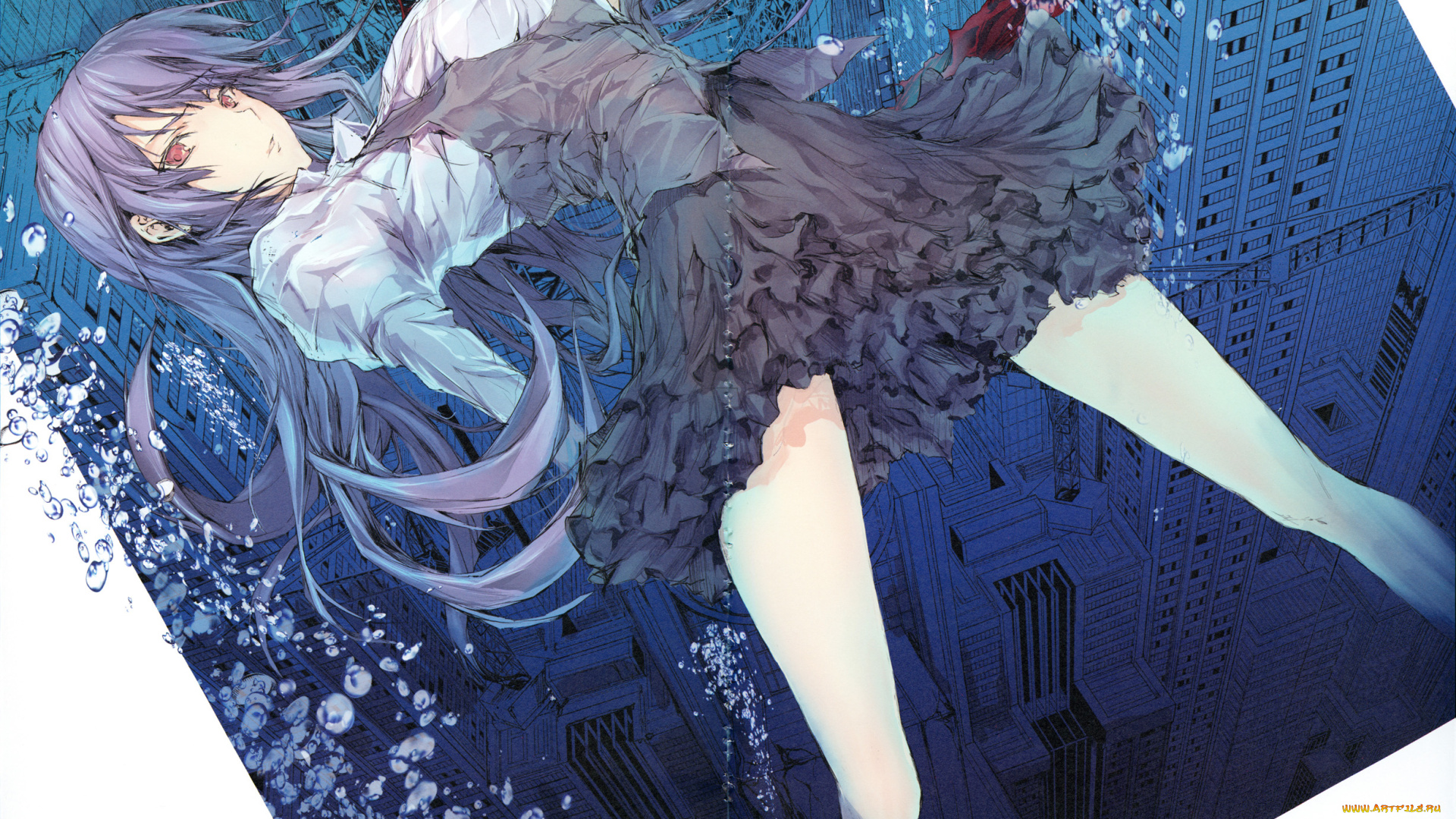 аниме, город, , улицы, , здания, девушка