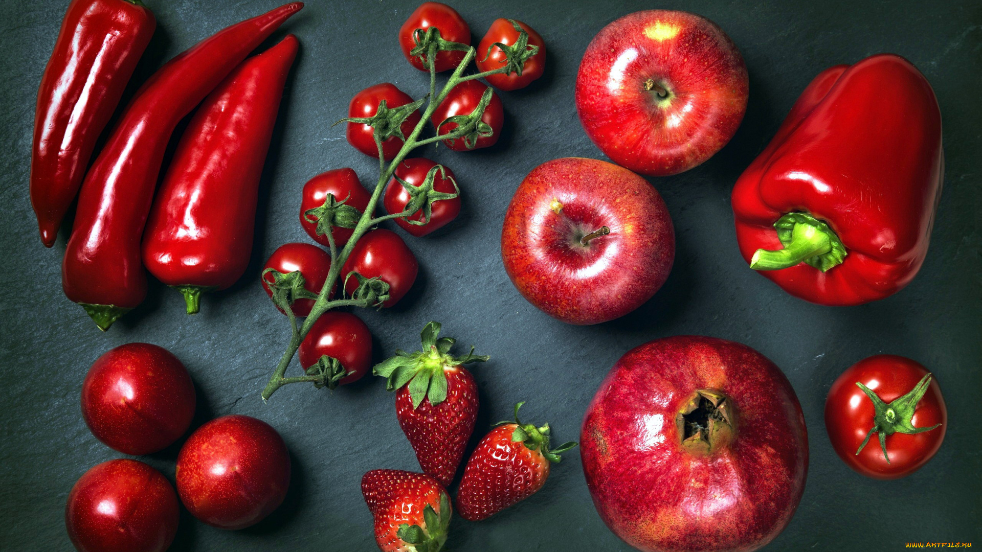 еда, фрукты, и, овощи, вместе, сливы, перец, помидоры, черри, клубника, яблоки, красный