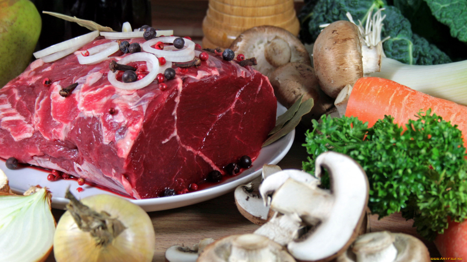 еда, мясные, блюда, говядина, мясо, кусок, кольца, лук, перец, шампиньоны, петрушка