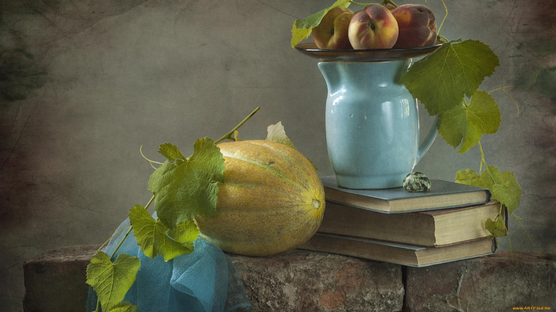 еда, натюрморт, персики, дыня, книги