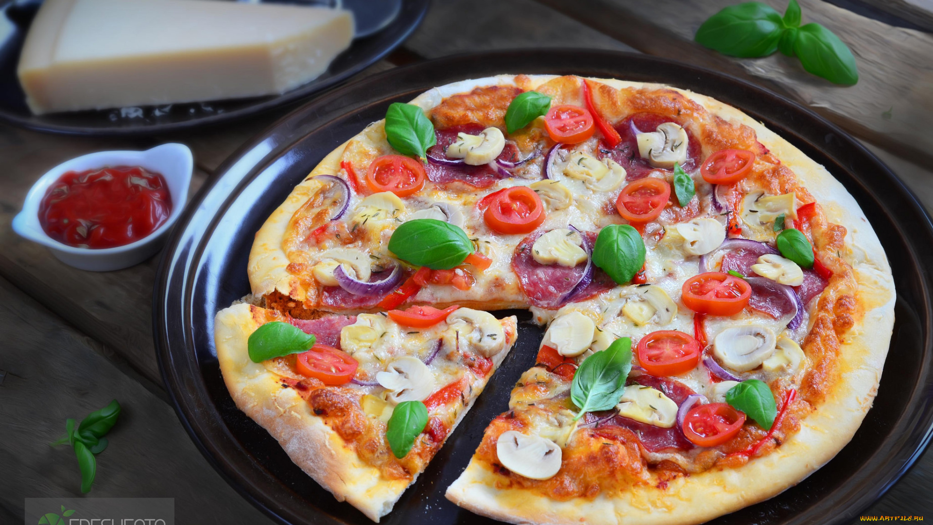 еда, пицца, грибы, помидоры, базилик