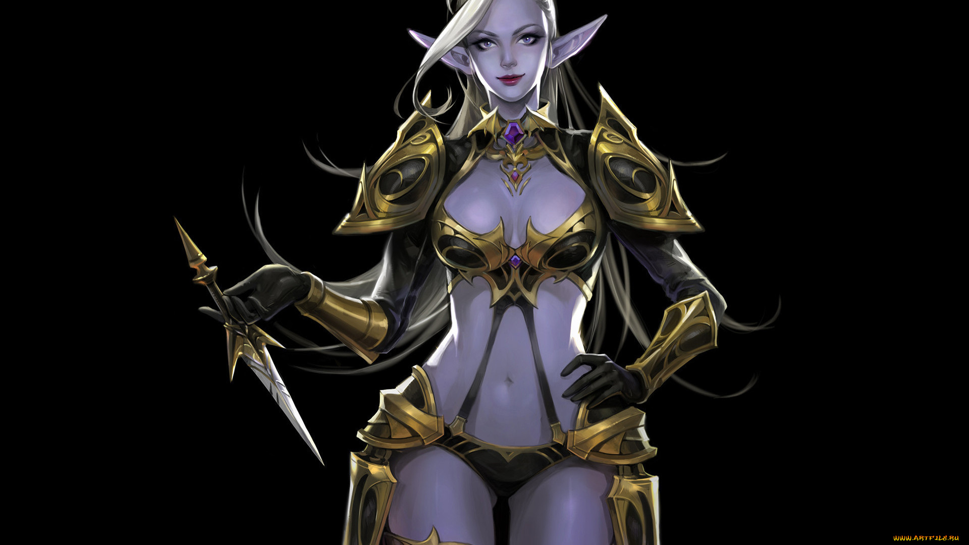 фэнтези, эльфы, арт, темная, эльфийка, эльф, уши, взгляд, поза, кинжал, фон