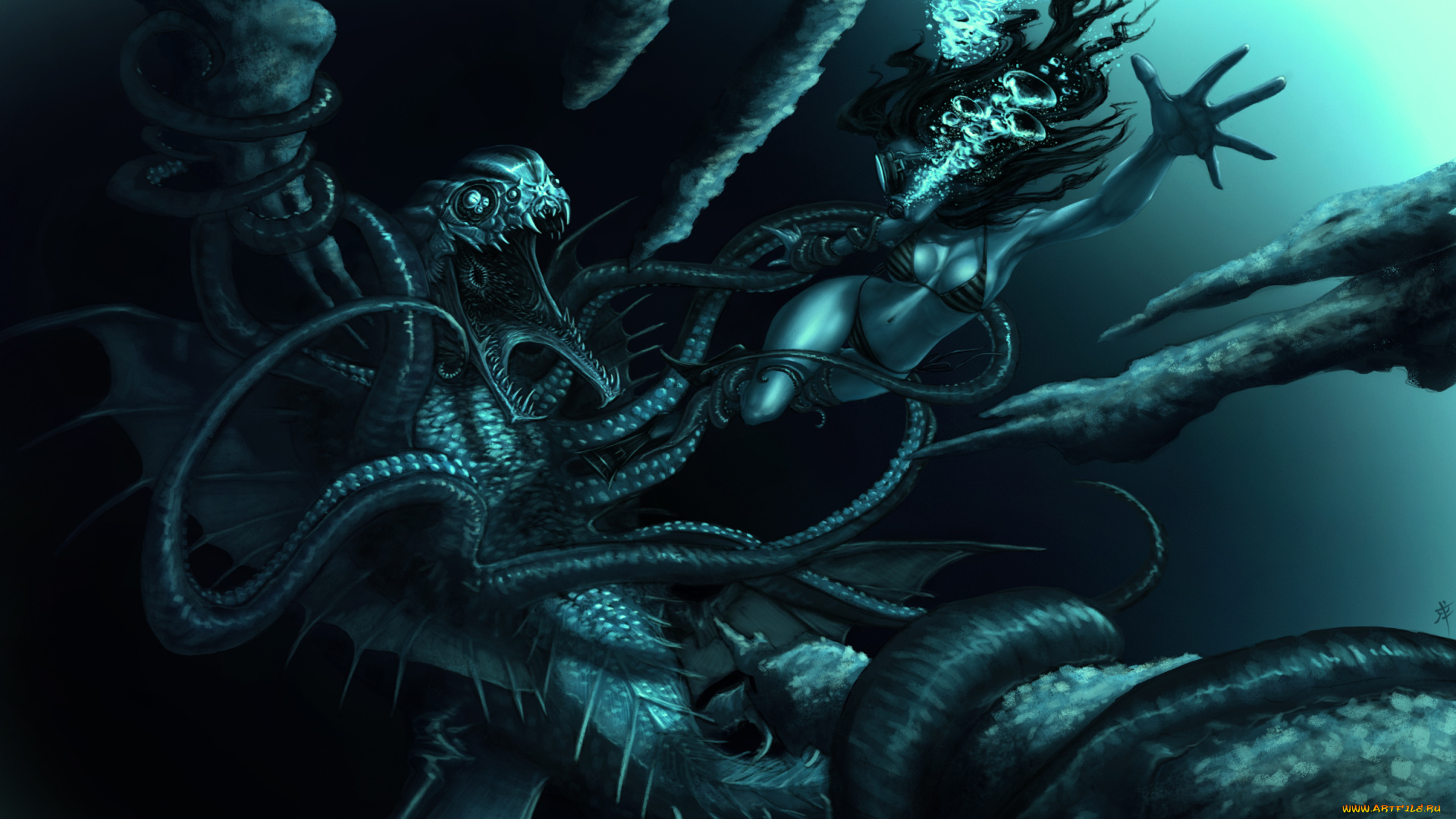 фэнтези, красавицы, и, чудовища, подводный, мир, существо, тварь, девушка, аквалангист