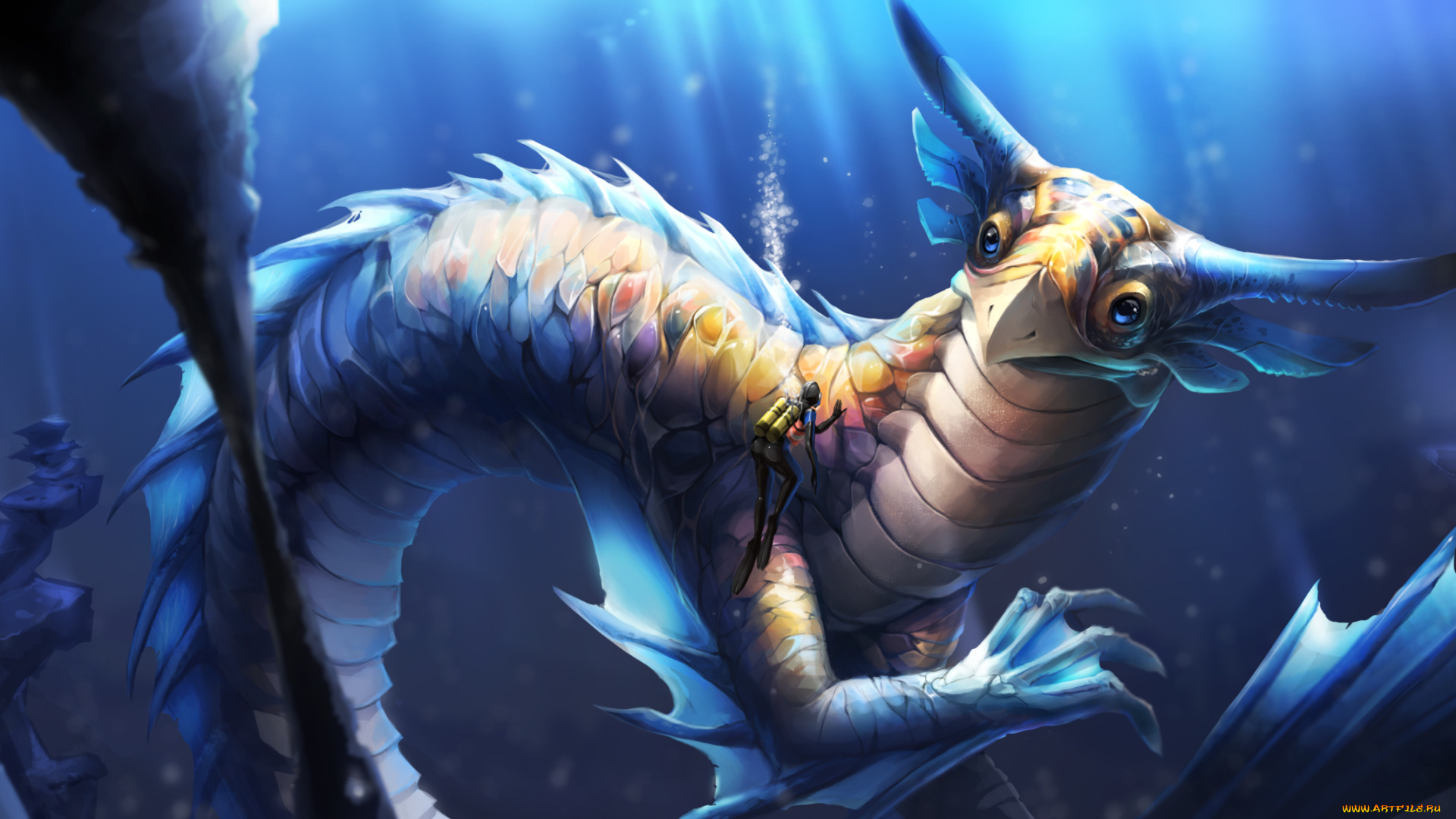 фэнтези, существа, подводный, мир, существо, аквалангист