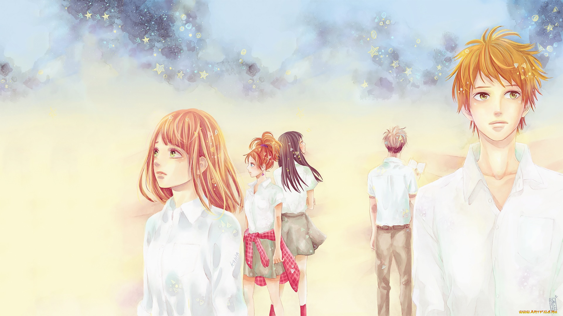 orange, аниме, девушки, взгляд, фон