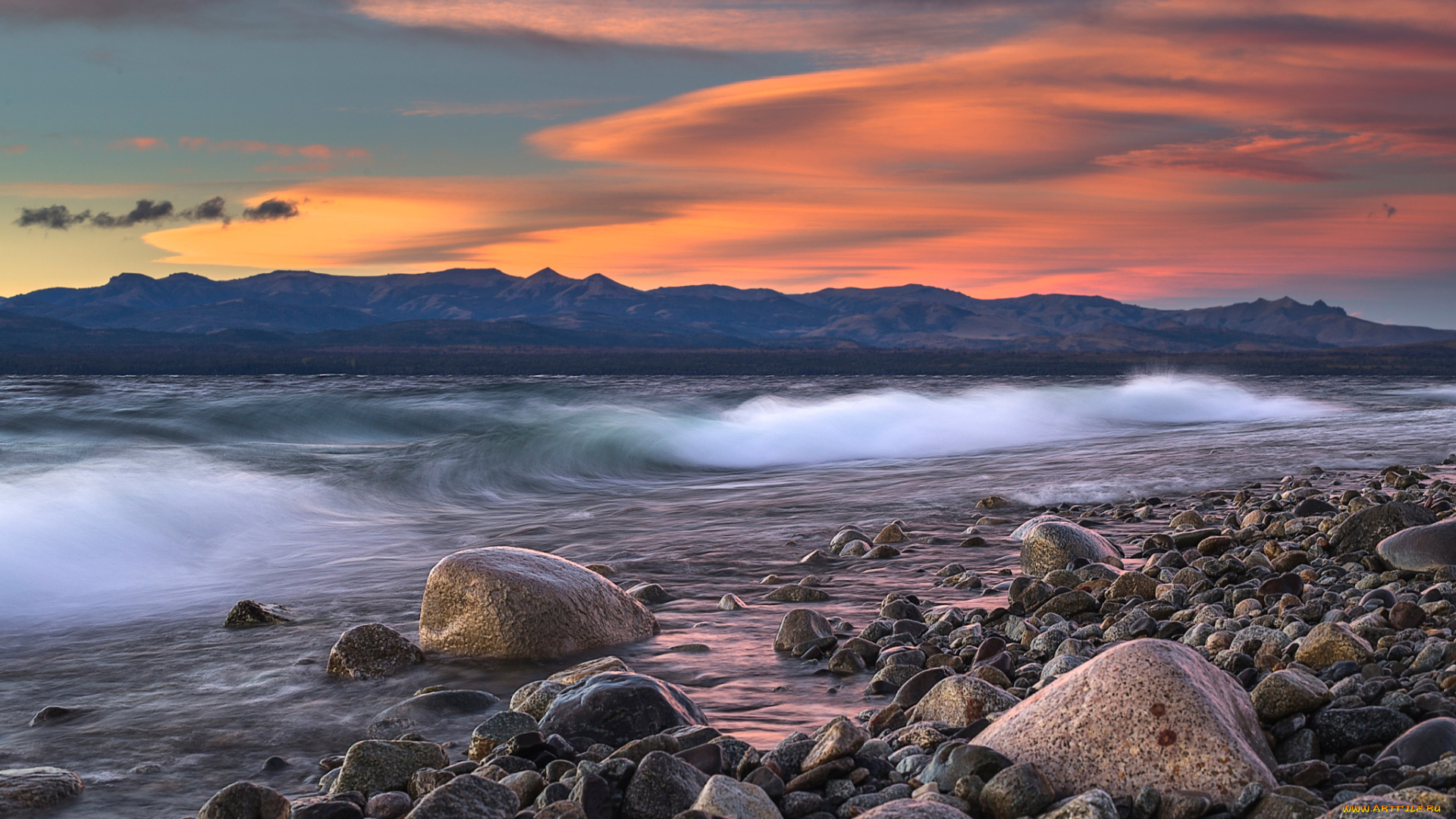 природа, побережье, аргентина, волны, горы, вечер, патагония, камни, берег