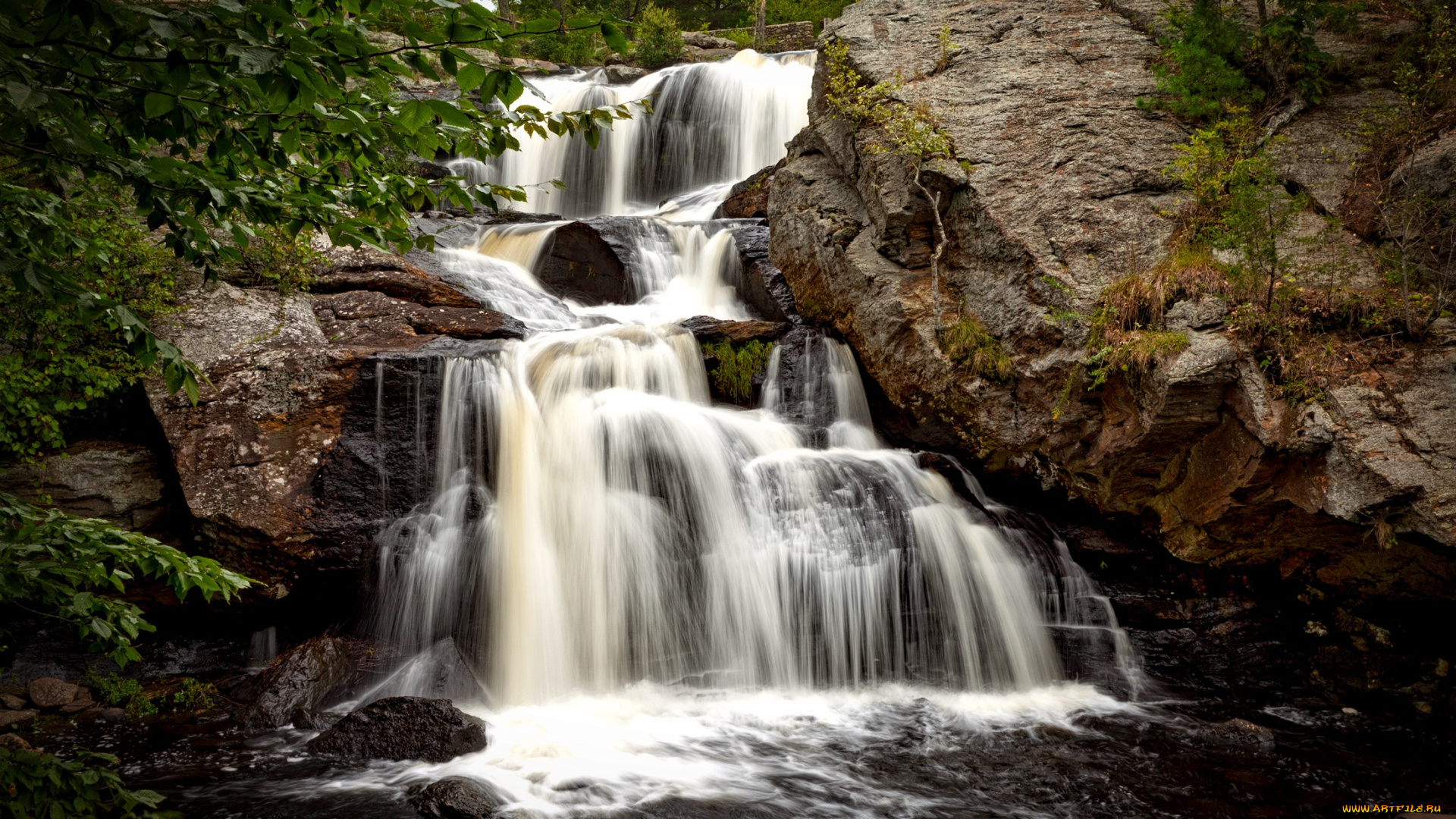 природа, водопады, лес, скала, поток